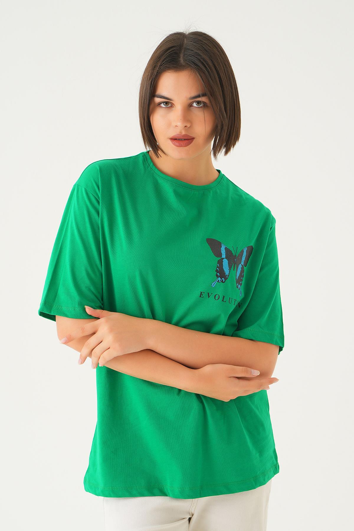Benetton Yeşili Kelebek Baskılı Oversize Tişört 1708 - 1