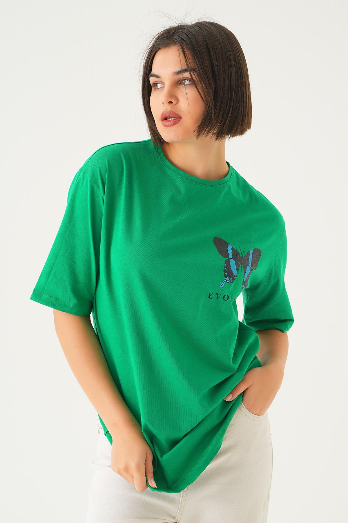 Benetton Yeşili Kelebek Baskılı Oversize Tişört 1708 - 2