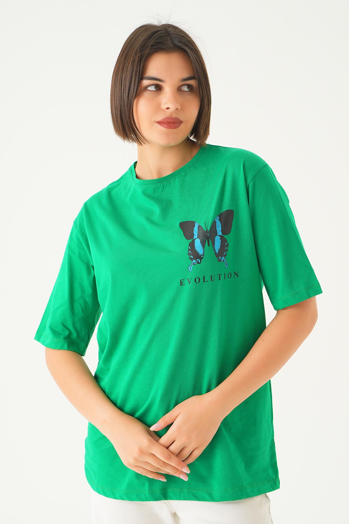 Benetton Yeşili Kelebek Baskılı Oversize Tişört 1708 - 3