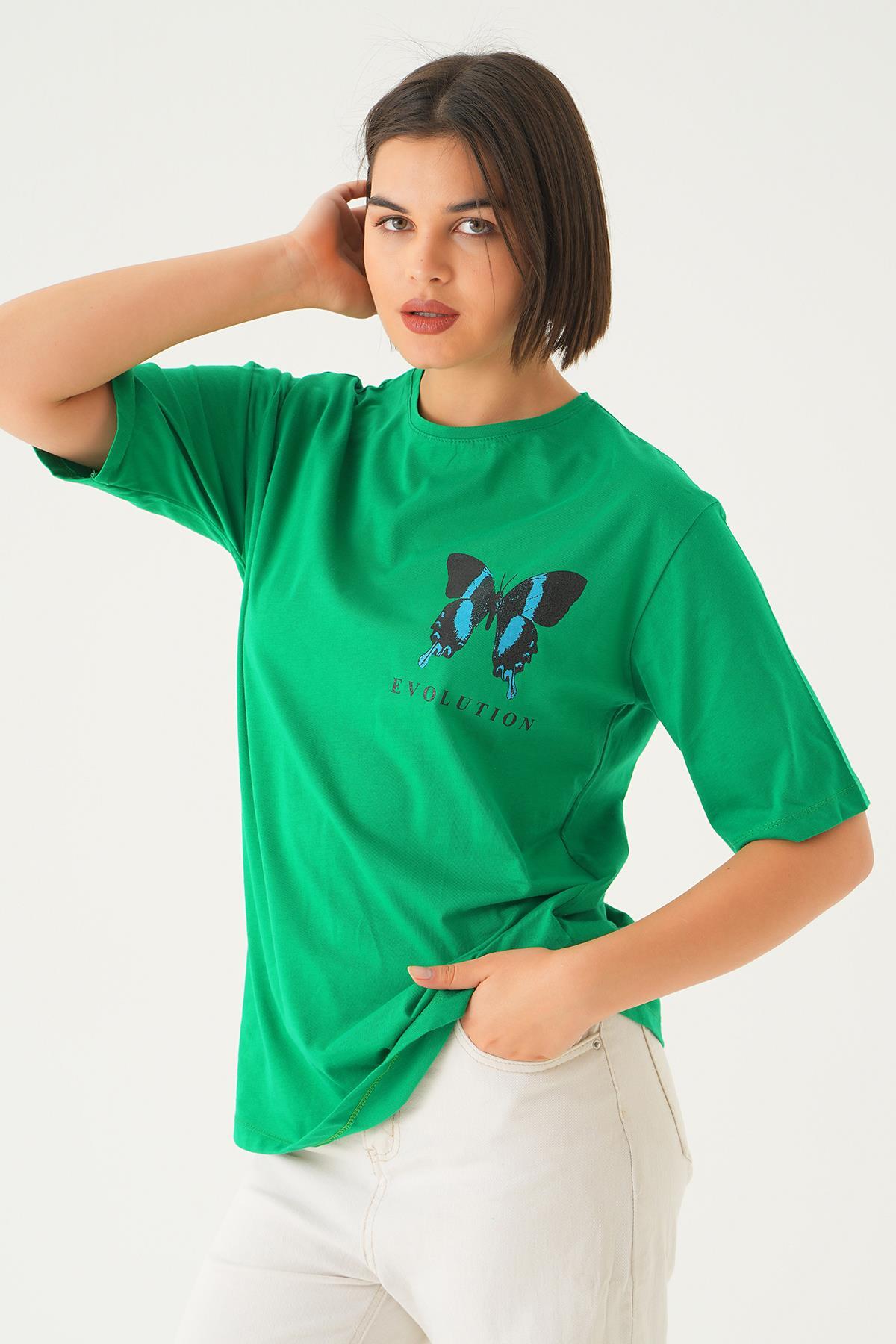 Benetton Yeşili Kelebek Baskılı Oversize Tişört 1708 - 4