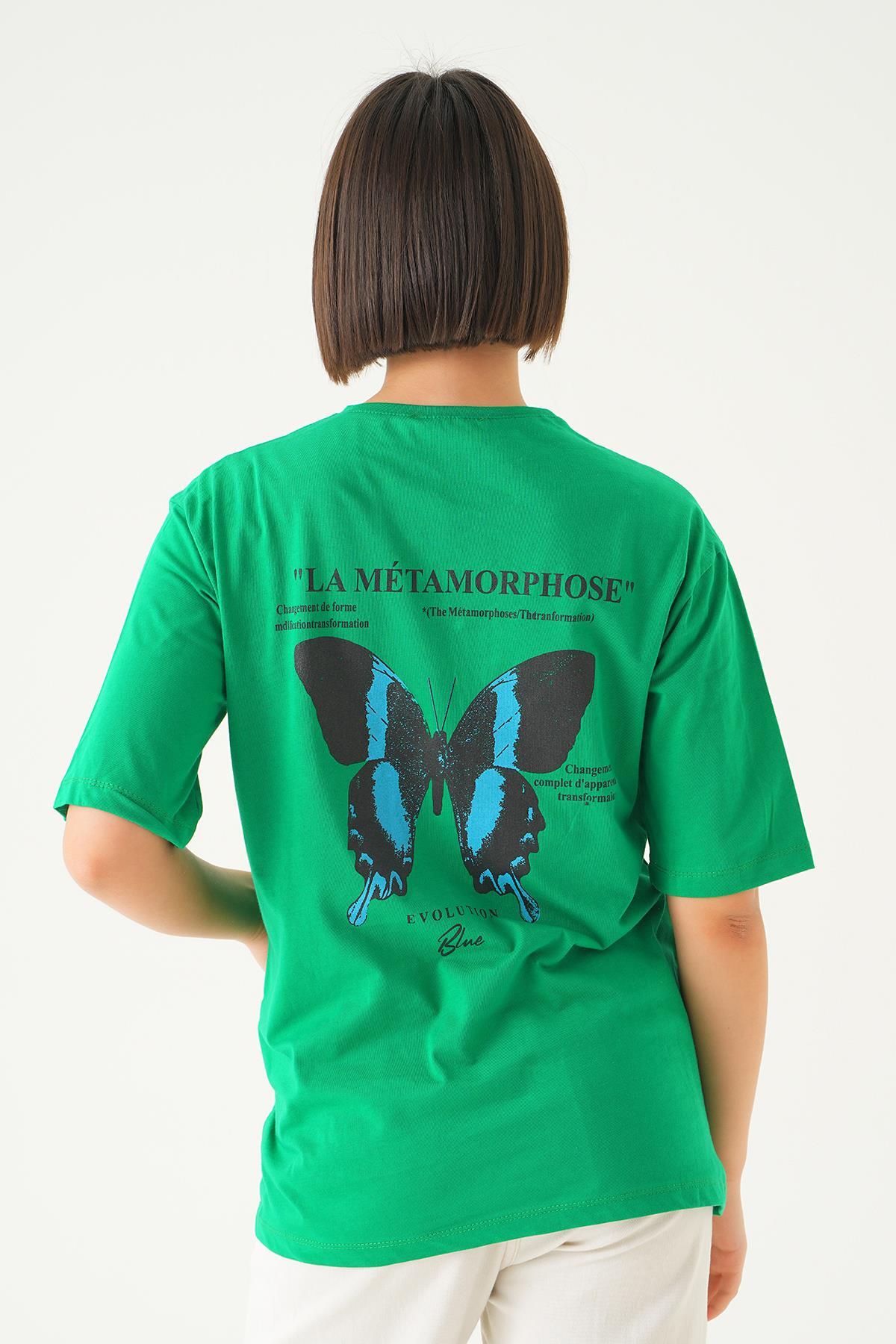 Benetton Yeşili Kelebek Baskılı Oversize Tişört 1708 - 5