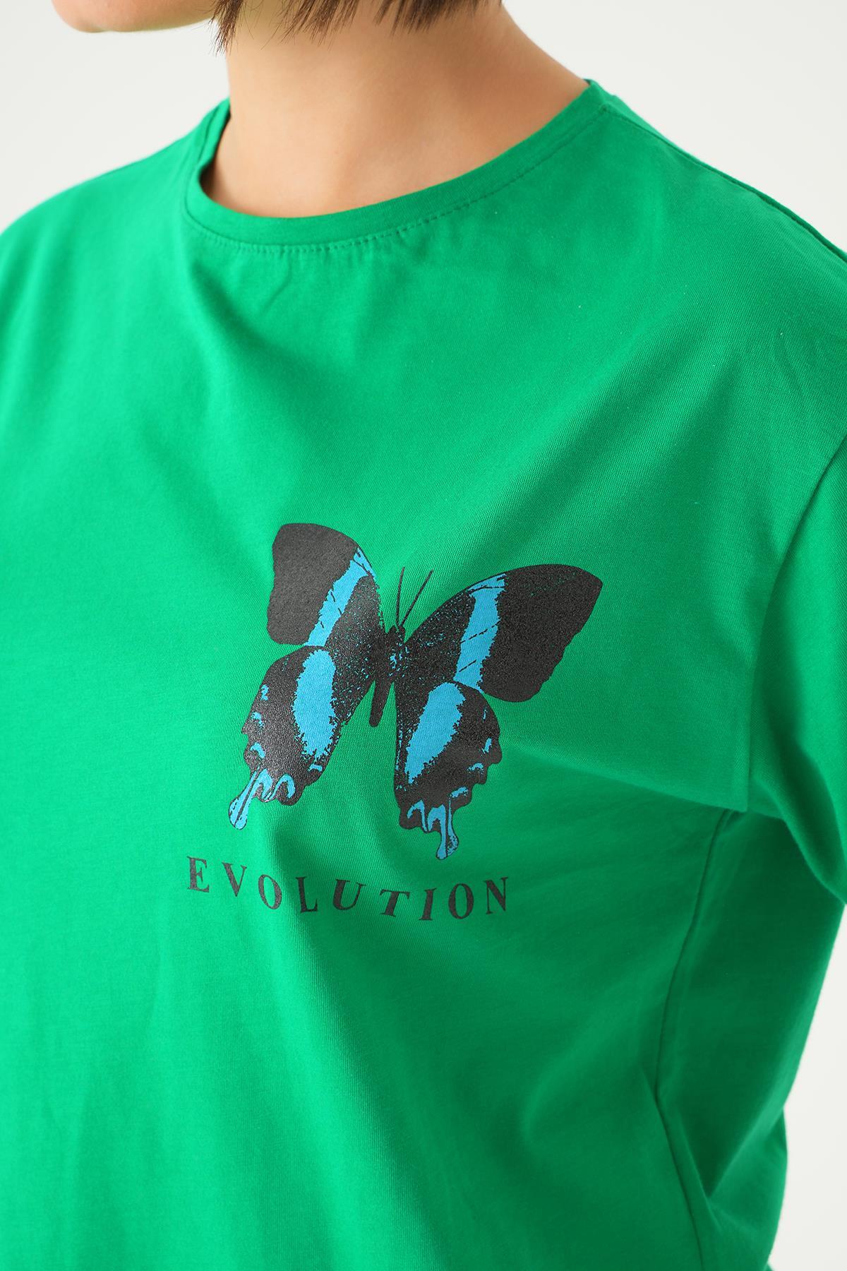 Benetton Yeşili Kelebek Baskılı Oversize Tişört 1708 - 6