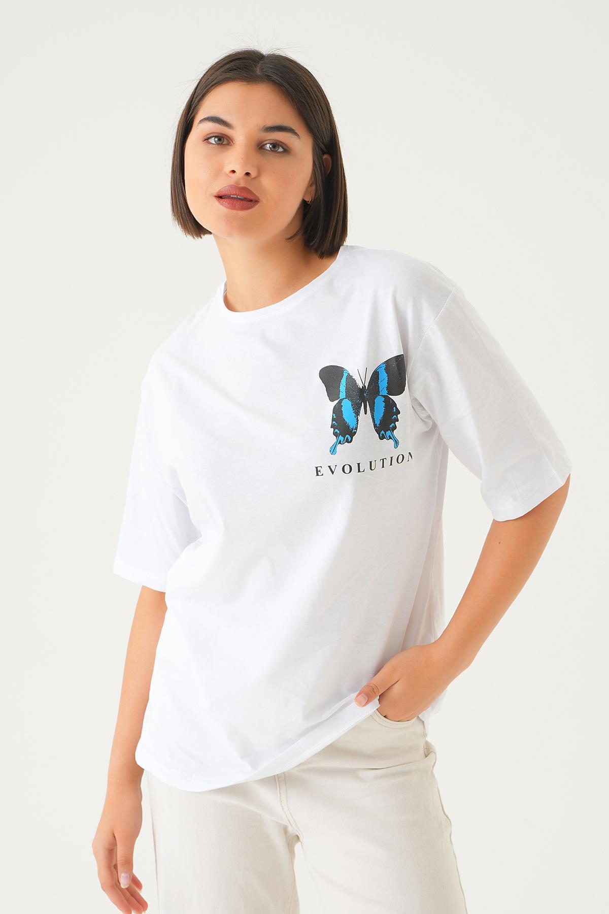 Beyaz Kelebek Baskılı Oversize Tişört 1708 