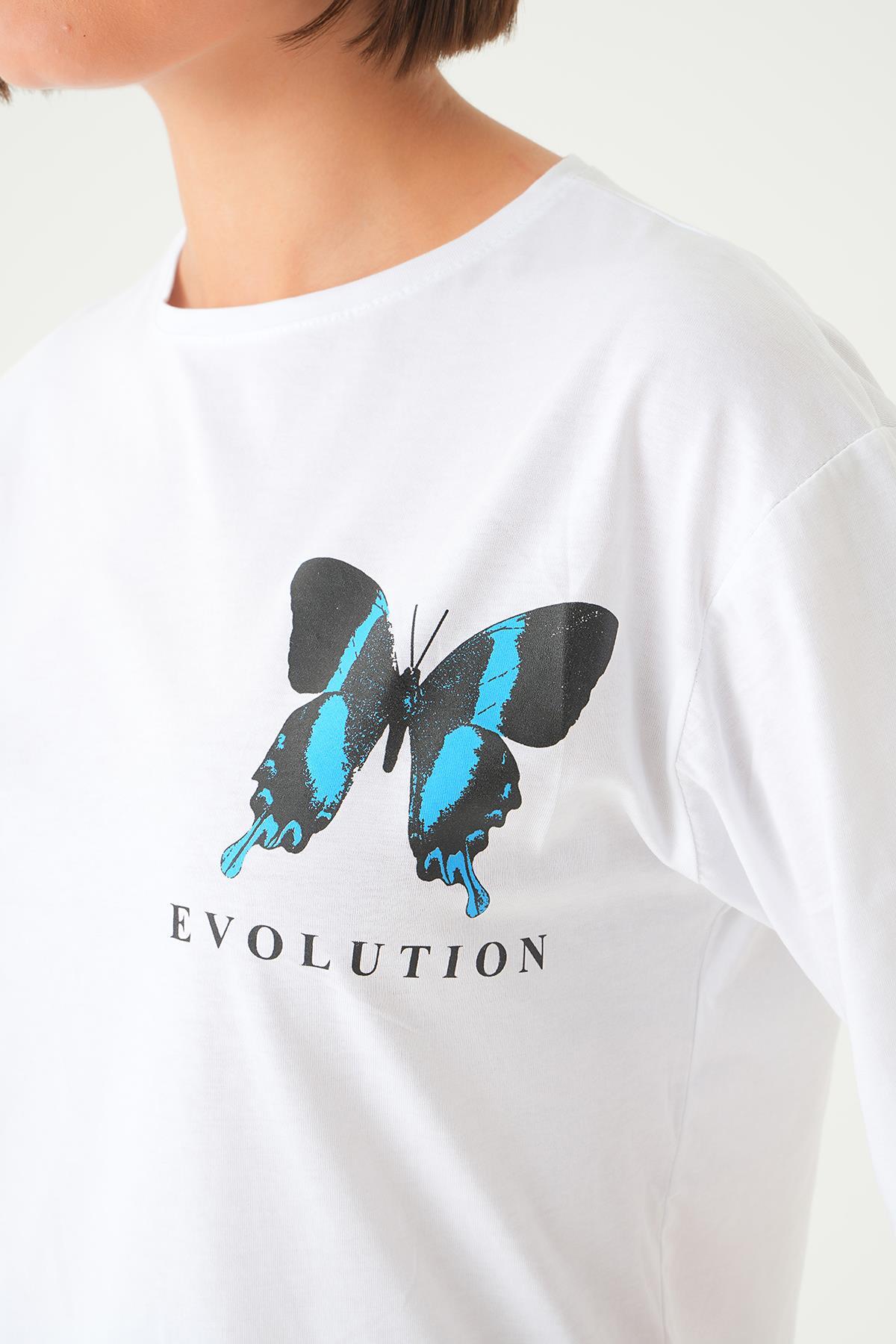 1708 Kelebek Baskılı Overisze Tişört Beyaz - 6