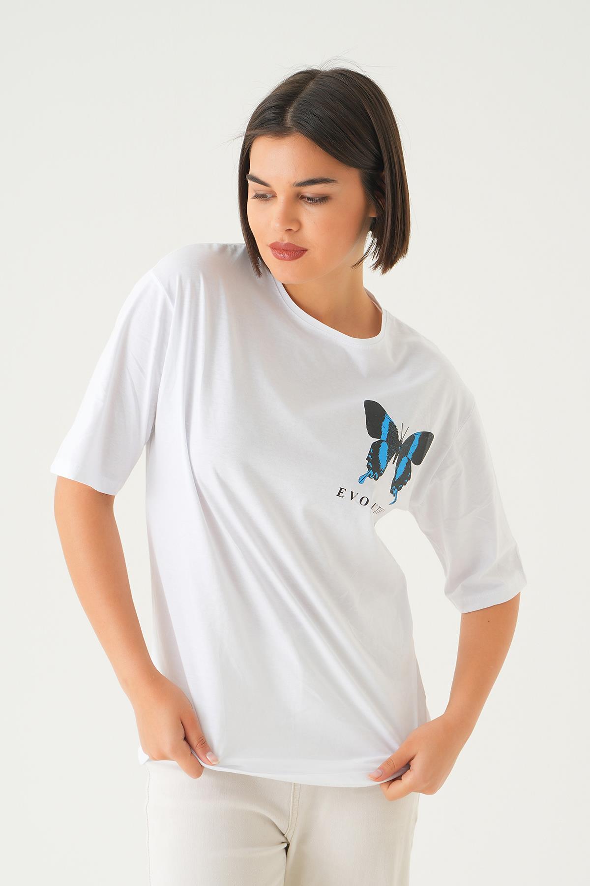 Beyaz Kelebek Baskılı Oversize Tişört 1708 - 2