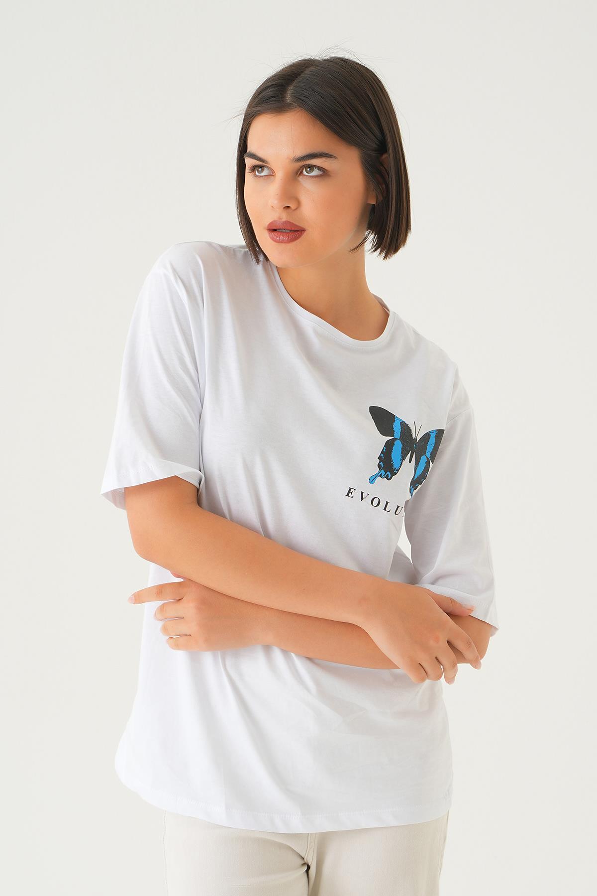 Beyaz Kelebek Baskılı Oversize Tişört 1708 - 3