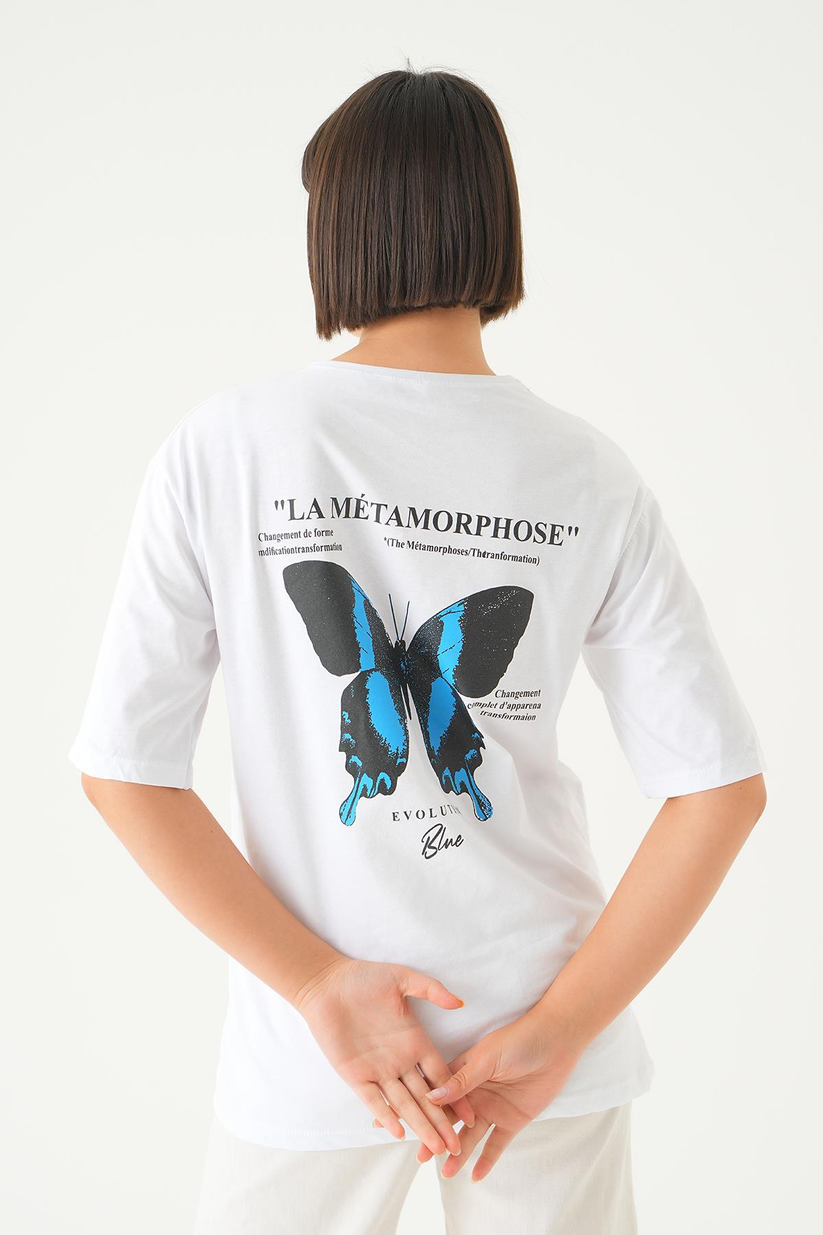 Beyaz Kelebek Baskılı Oversize Tişört 1708 - 5