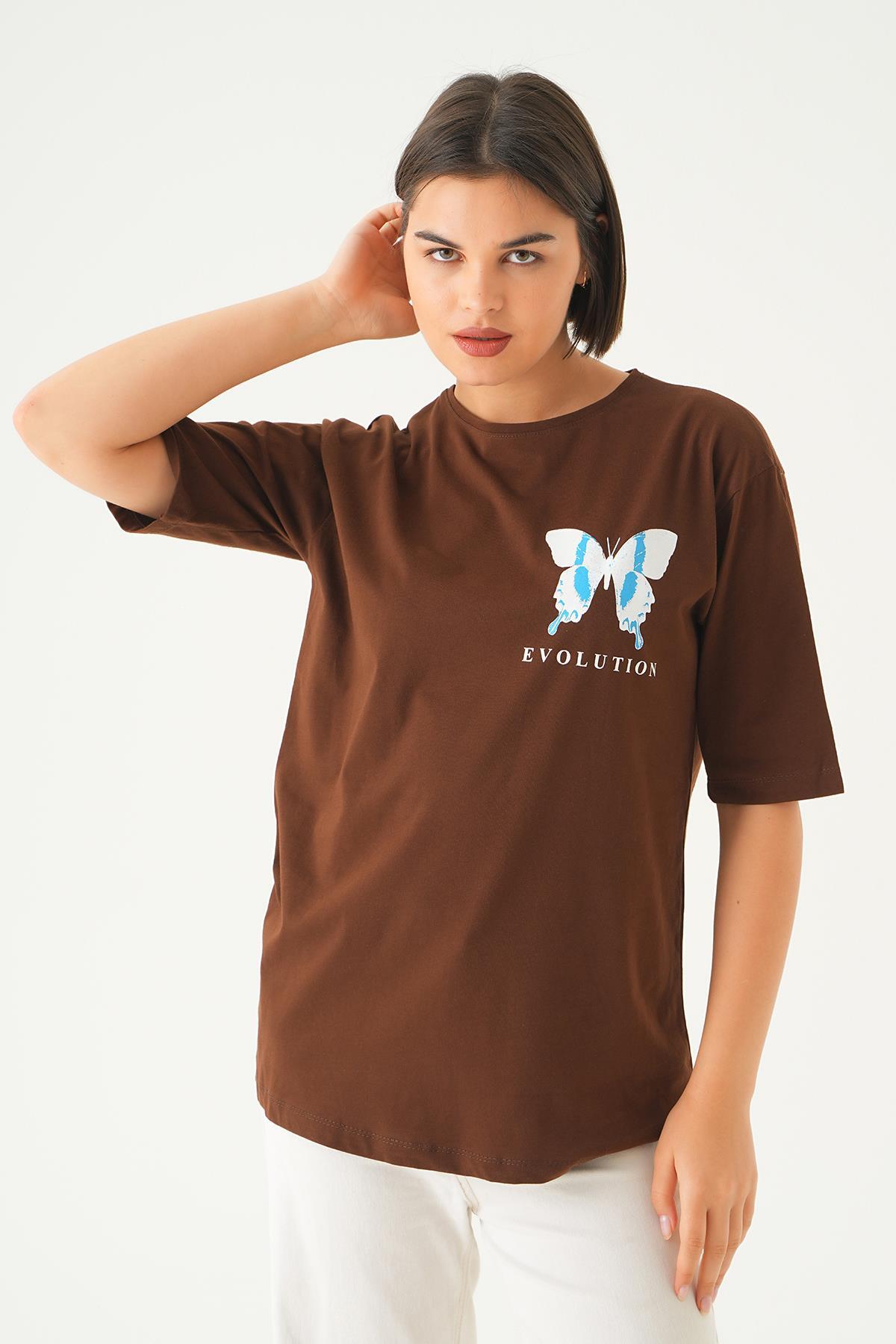 Kahve Kelebek Baskılı Oversize Tişört 1708 