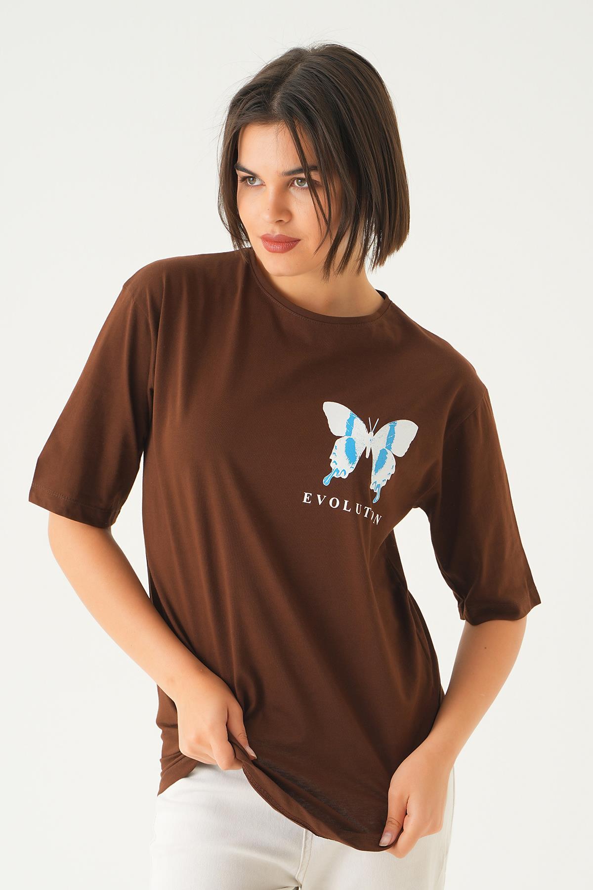 Kahve Kelebek Baskılı Oversize Tişört 1708 - 2