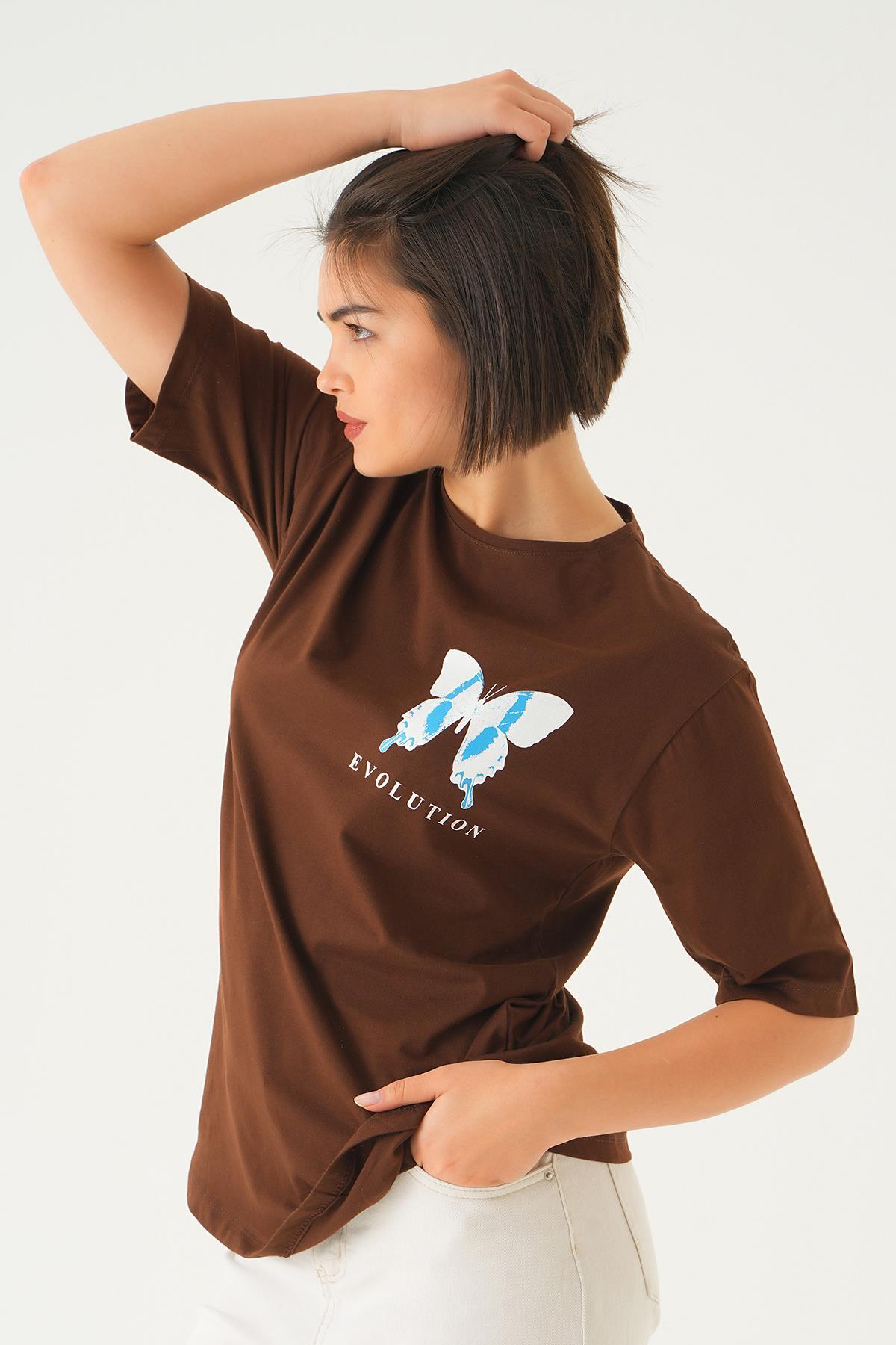 Kahve Kelebek Baskılı Oversize Tişört 1708 - 3