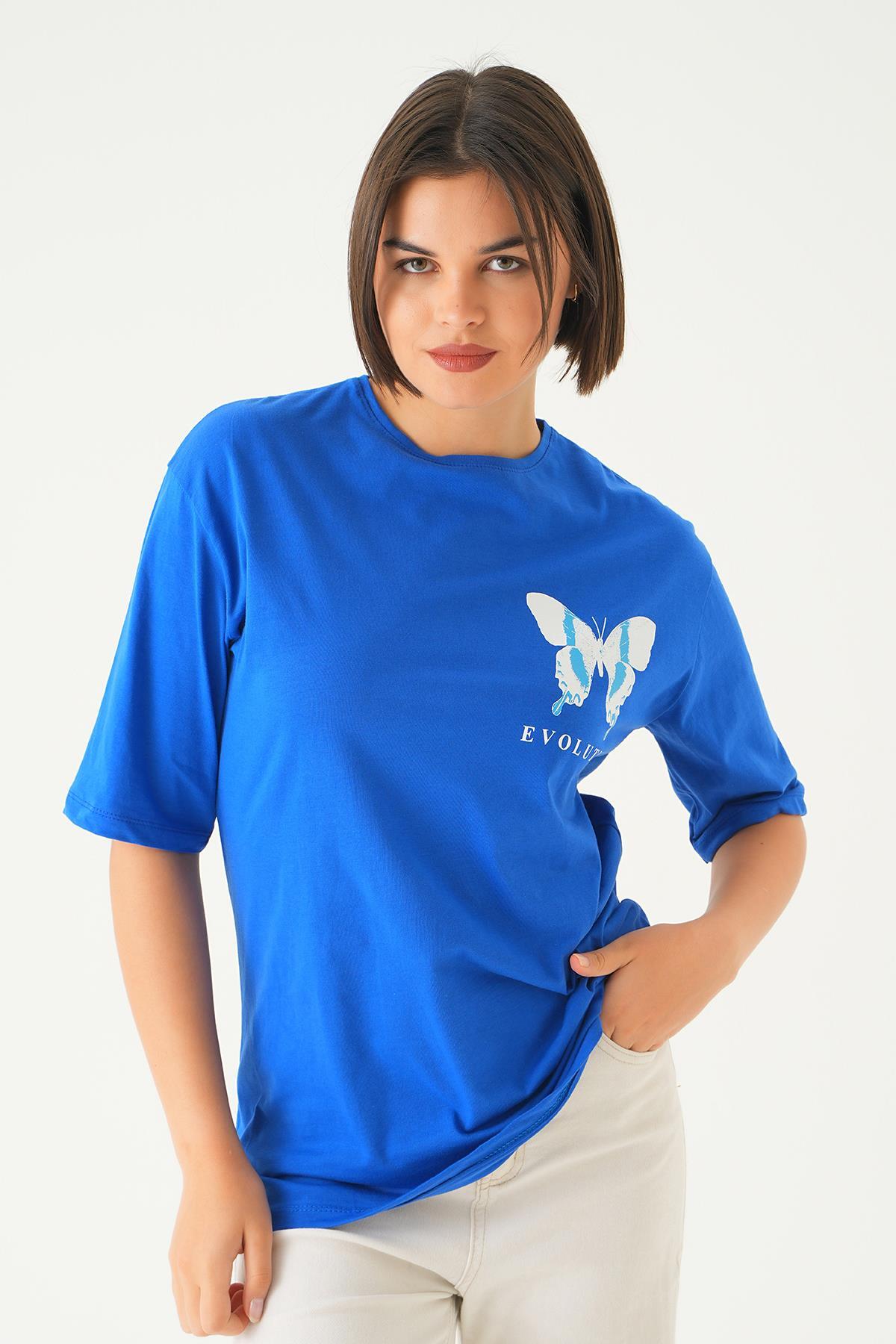 1708 Kelebek Baskılı Overisze Tişört Mavi 