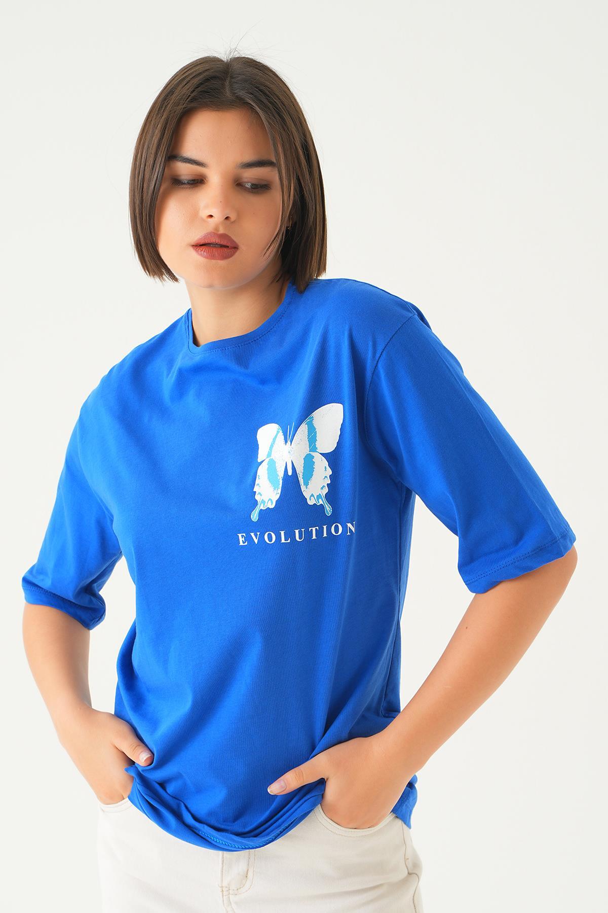 Mavi Kelebek Baskılı Oversize Tişört 1708 - 2