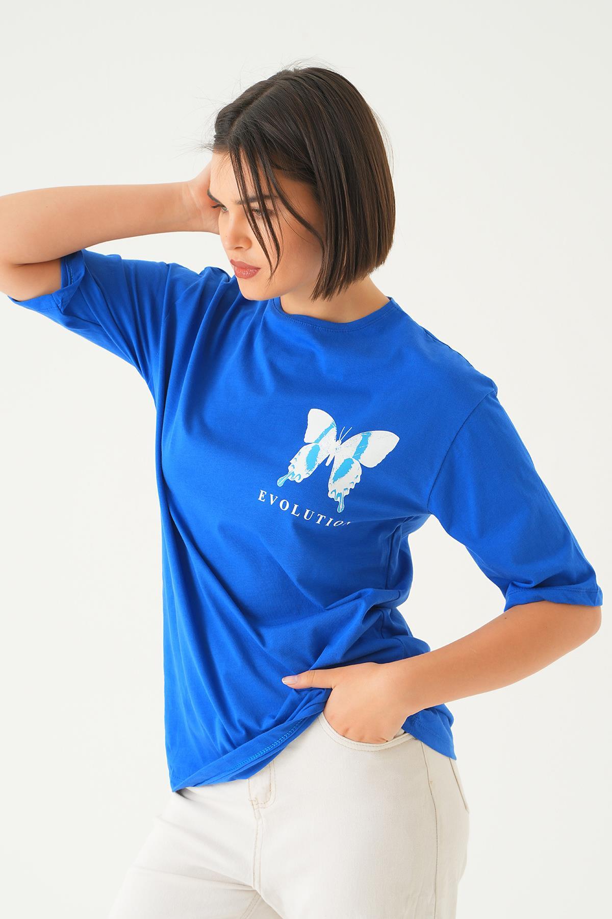 Mavi Kelebek Baskılı Oversize Tişört 1708 - 3