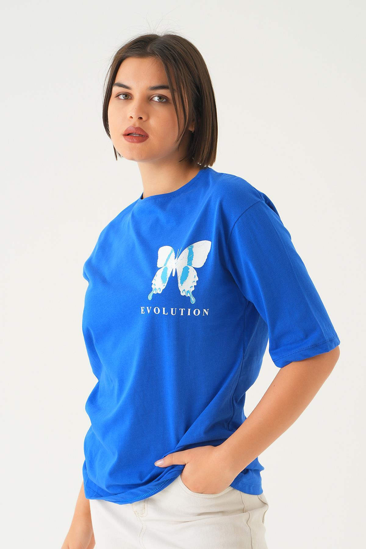 Mavi Kelebek Baskılı Oversize Tişört 1708 - 4