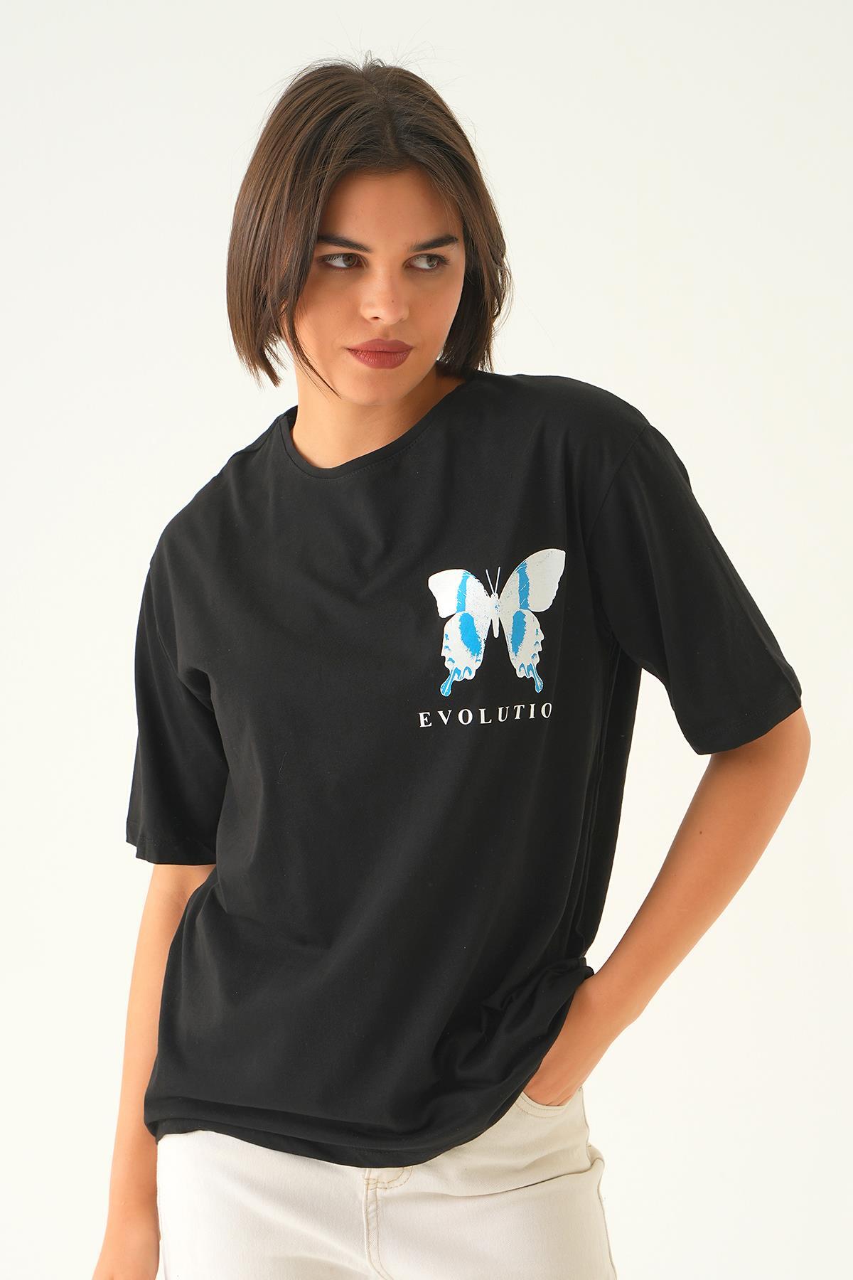 Siyah Kelebek Baskılı Oversize Tişört 1708 - 2