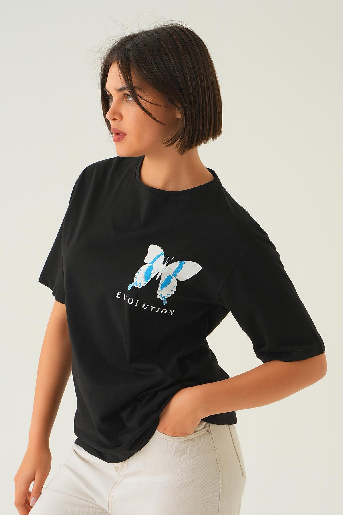Siyah Kelebek Baskılı Oversize Tişört 1708 - 3