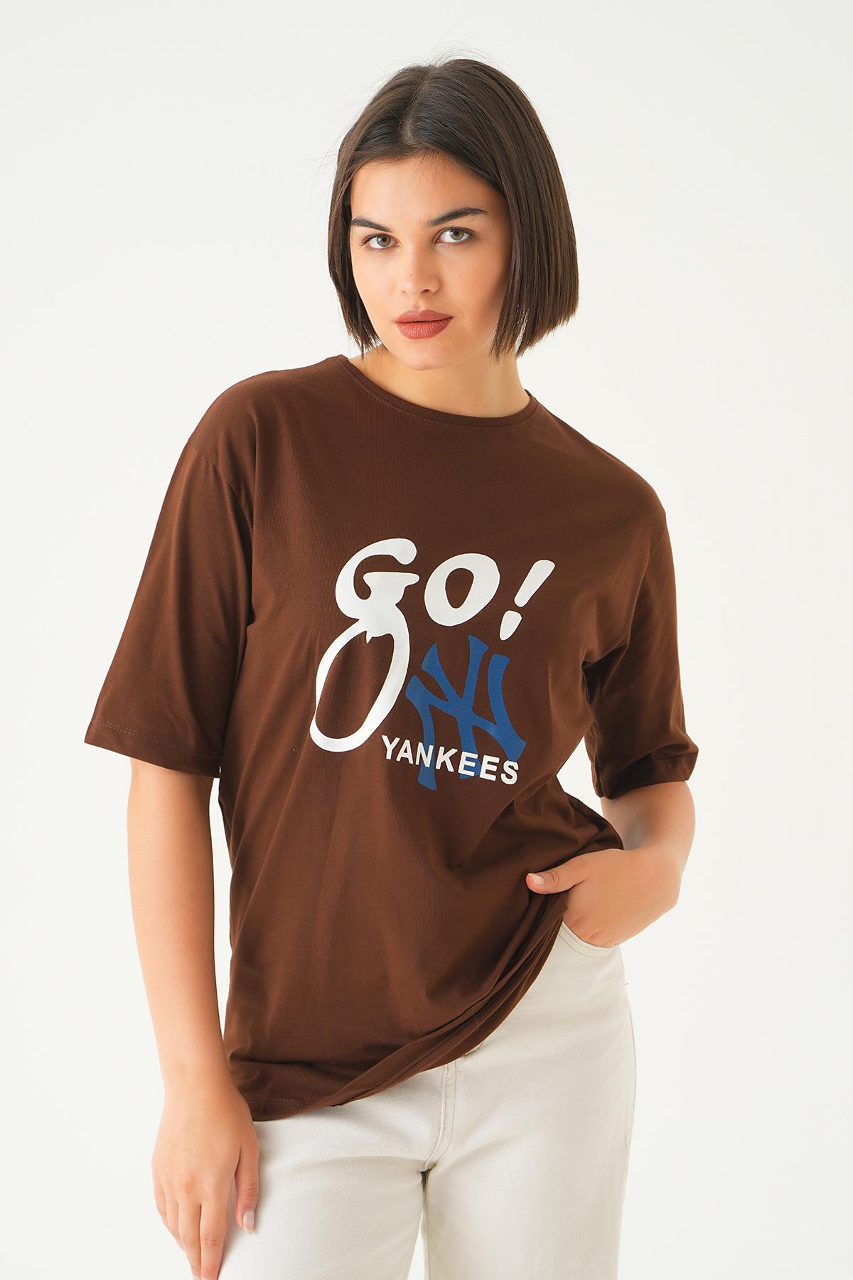 Kahve Baskılı Oversize Tişört 1709 