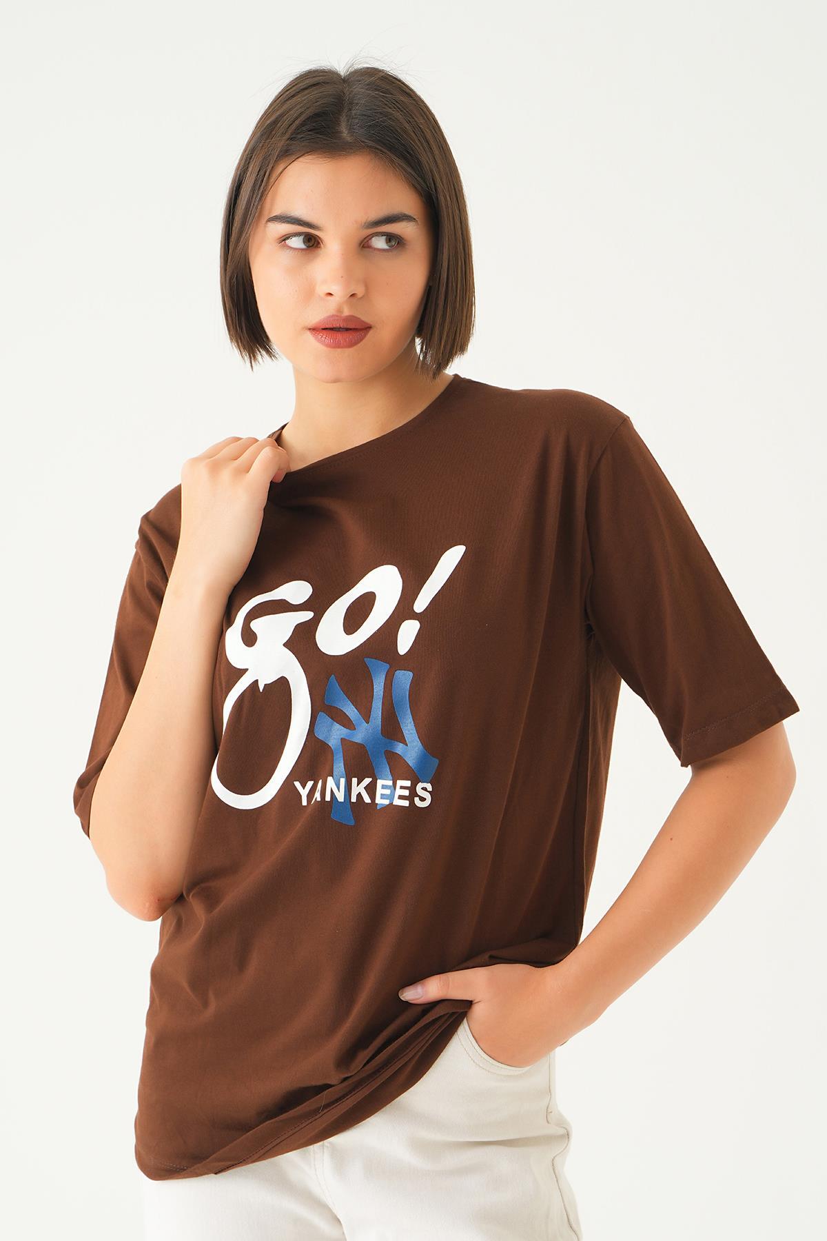 Kahve Baskılı Oversize Tişört 1709 - 6