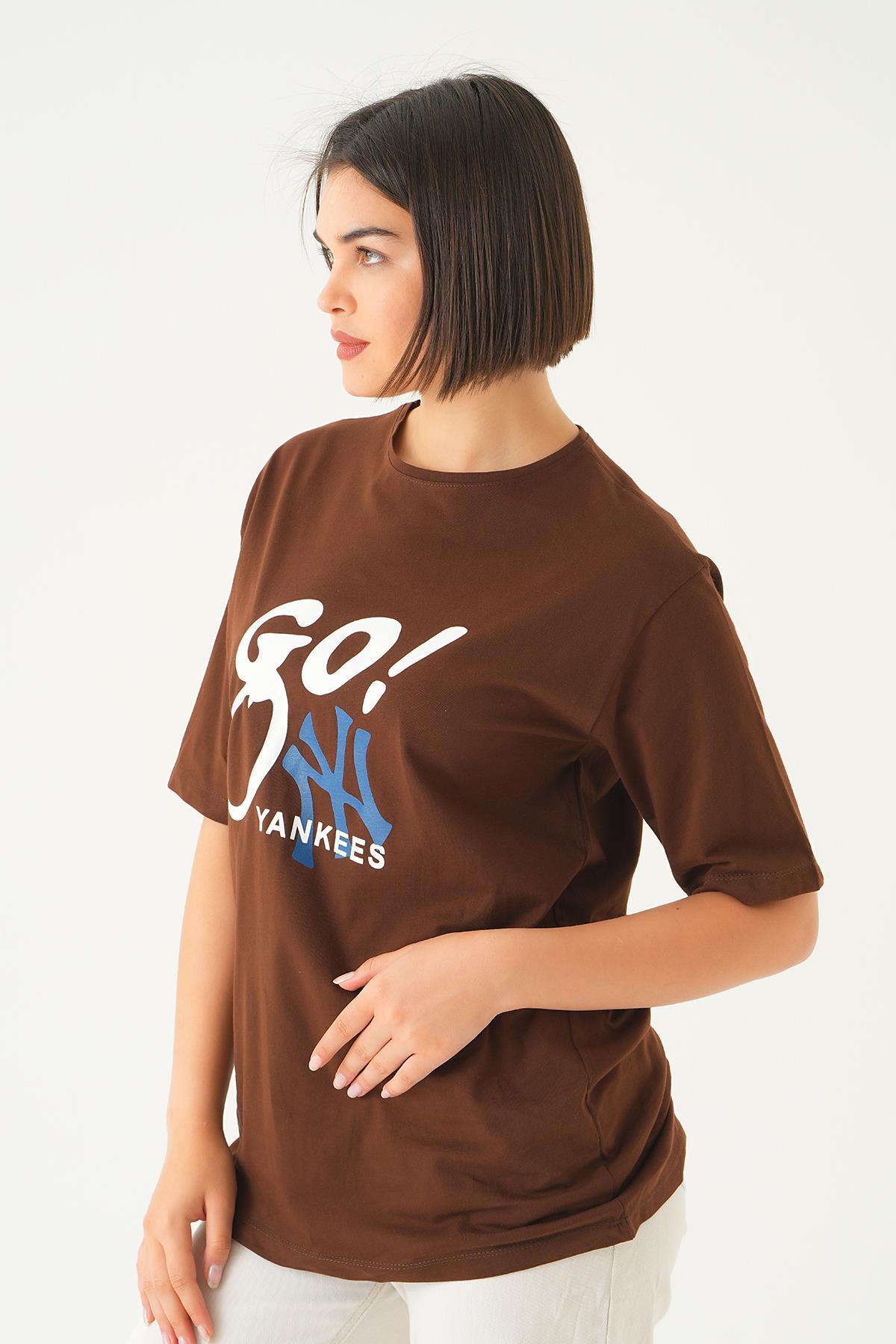 Kahve Baskılı Oversize Tişört 1709 - 3