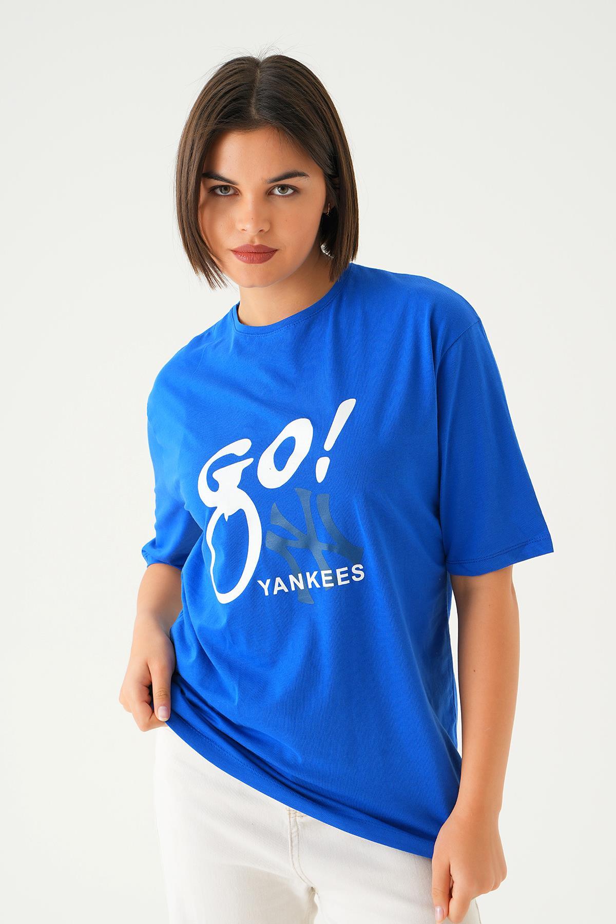1709 Baskılı Oversize Tshırt Mavi - 2