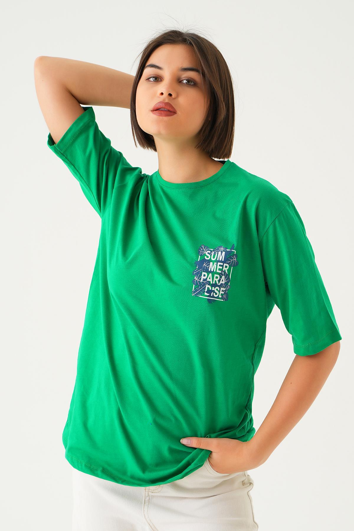 Benetton Yeşili Summer Baskı Oversize Tişört 1710 - 2