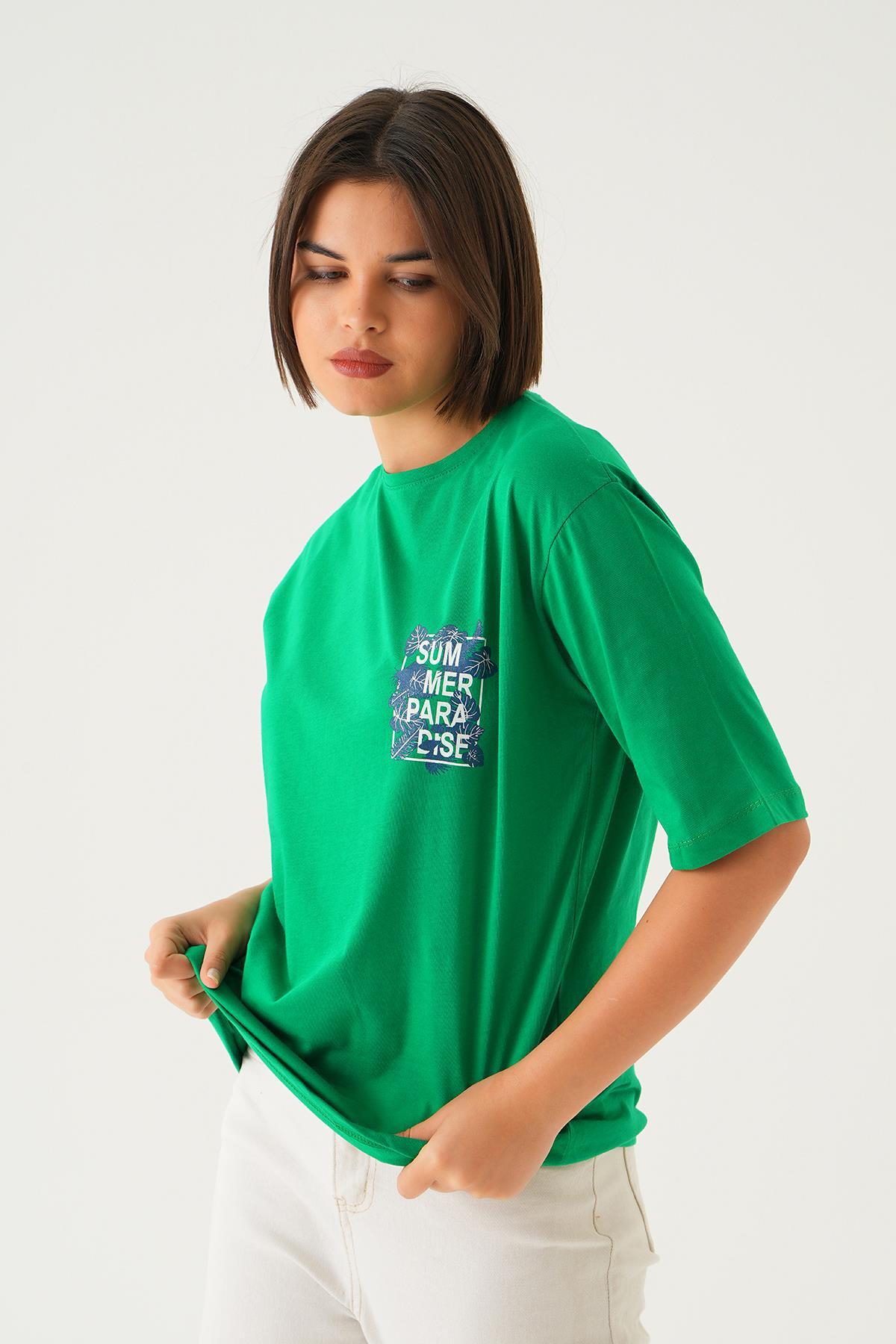 Benetton Yeşili Summer Baskı Oversize Tişört 1710 - 4