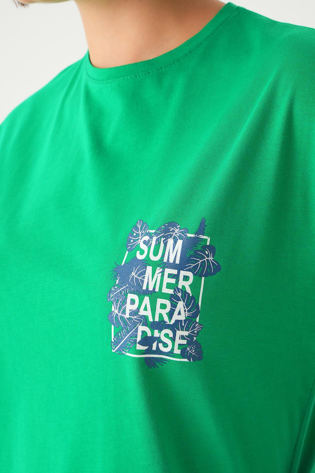 Benetton Yeşili Summer Baskı Oversize Tişört 1710 - 6