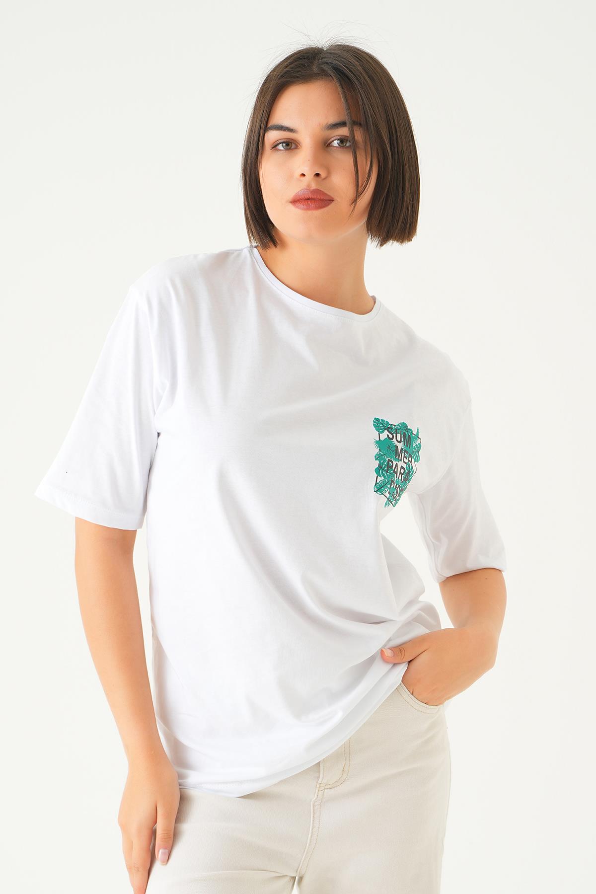 1710 Summer Baskı Oversize Tshırt Beyaz 