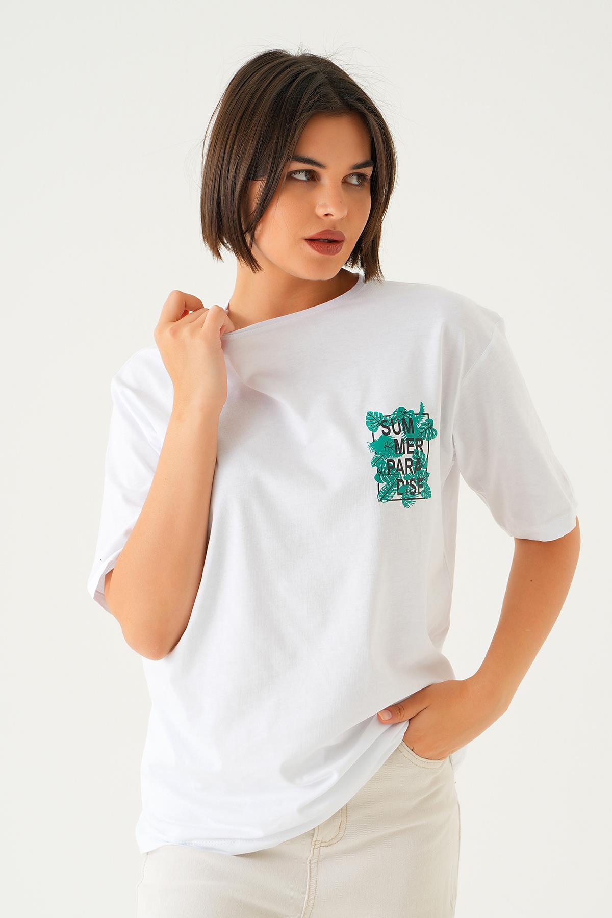 Beyaz Summer Baskı Oversize Tişört 1710 - 3