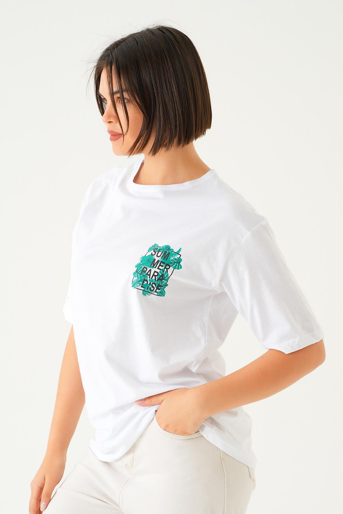 Beyaz Summer Baskı Oversize Tişört 1710 - 4