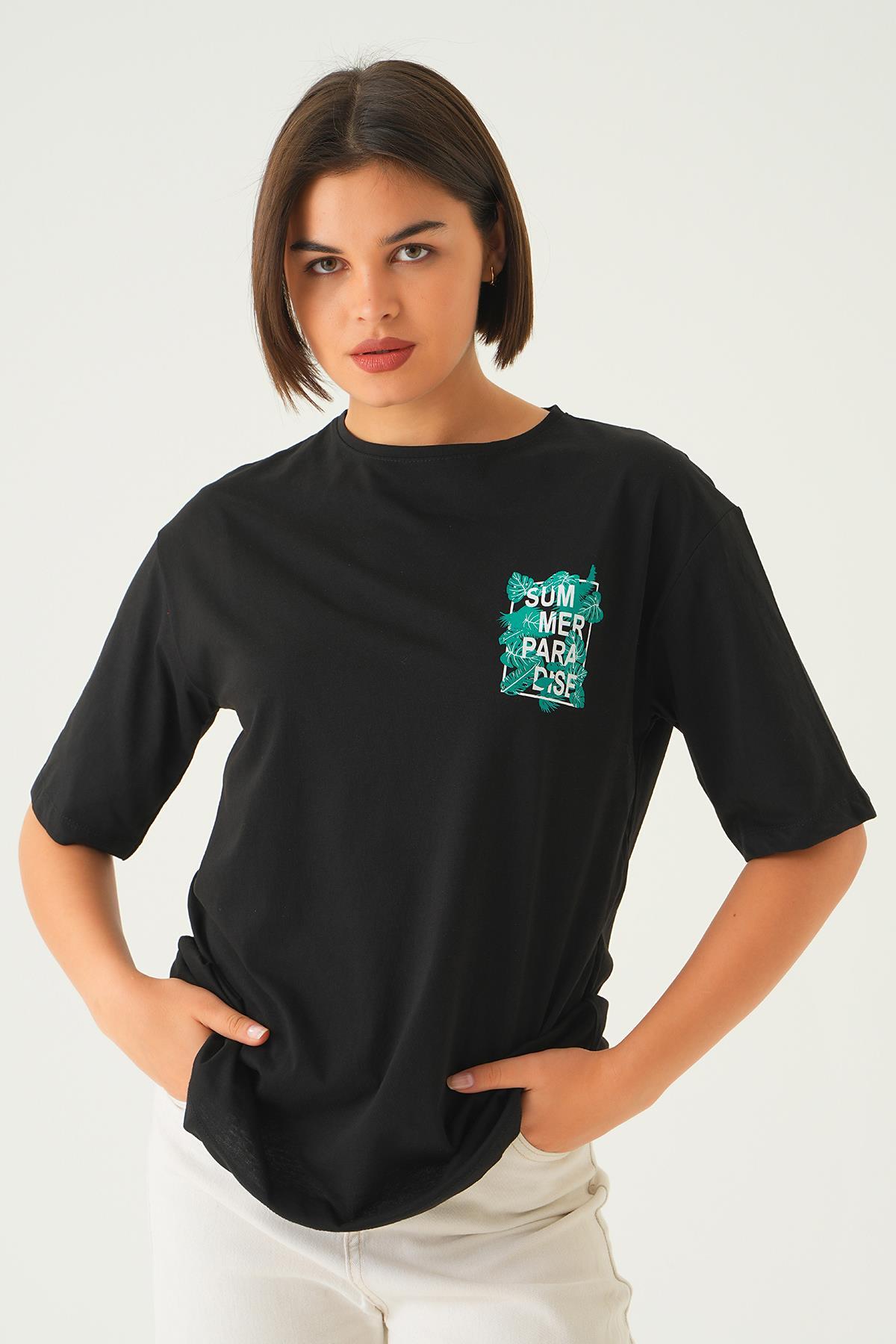 Siyah Summer Baskı Oversize Tişört 1710 - 2