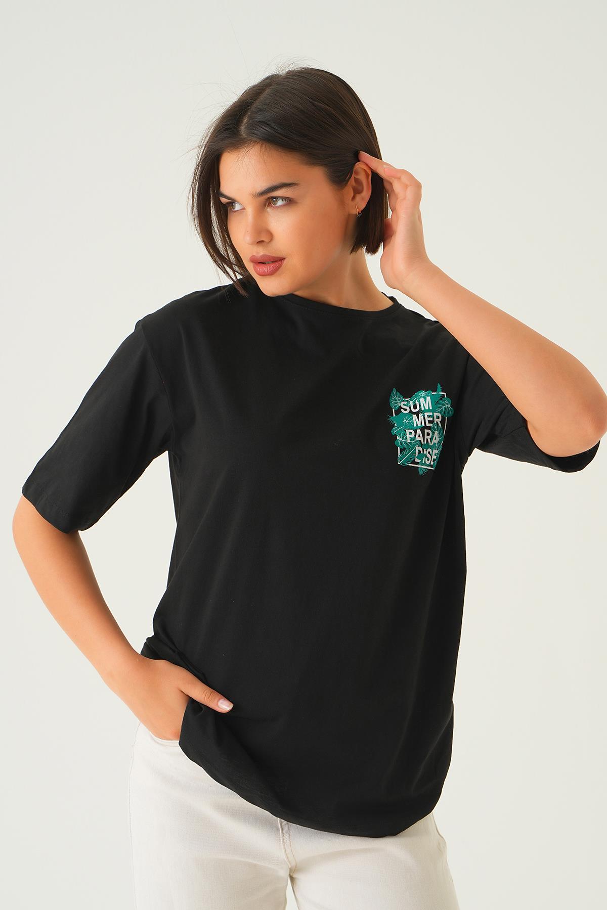 Siyah Summer Baskı Oversize Tişört 1710 - 4