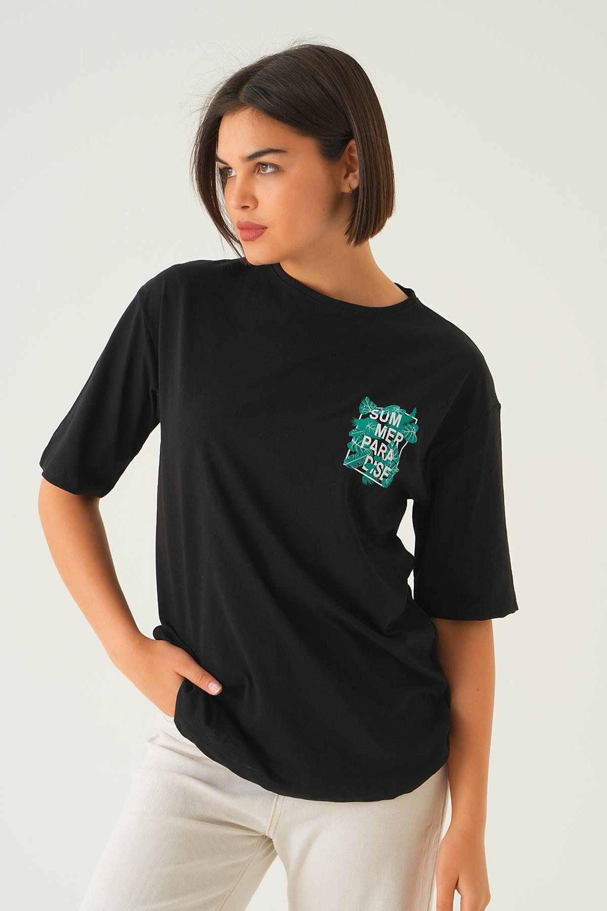 Siyah Summer Baskı Oversize Tişört 1710 - 5