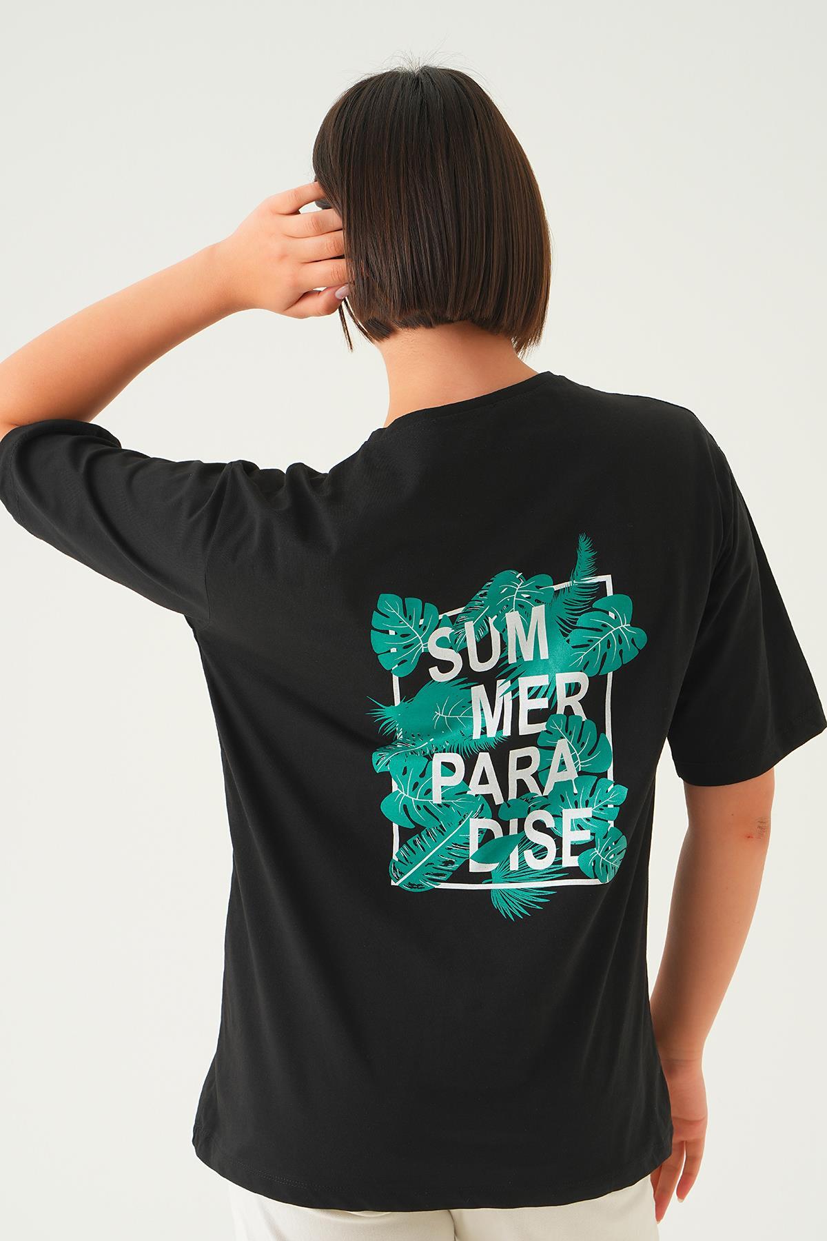 Siyah Summer Baskı Oversize Tişört 1710 - 6