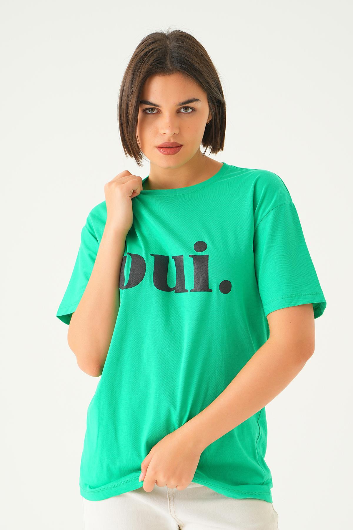 1714 Oui Baskı Oversize Tshırt Benetton Yeşili 