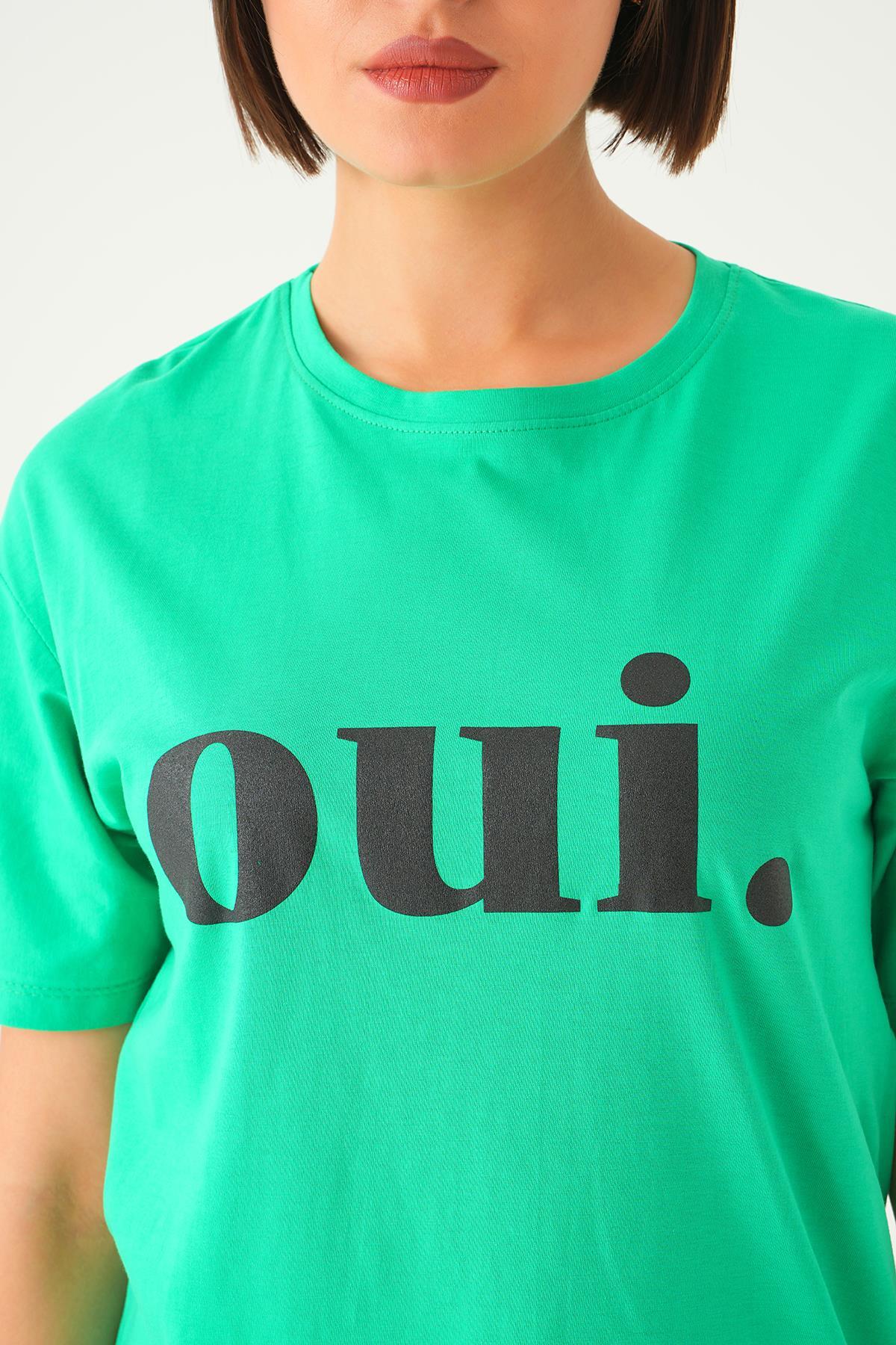 Benetton Yeşili Oui Baskı Oversize Tişört 1714 - 6