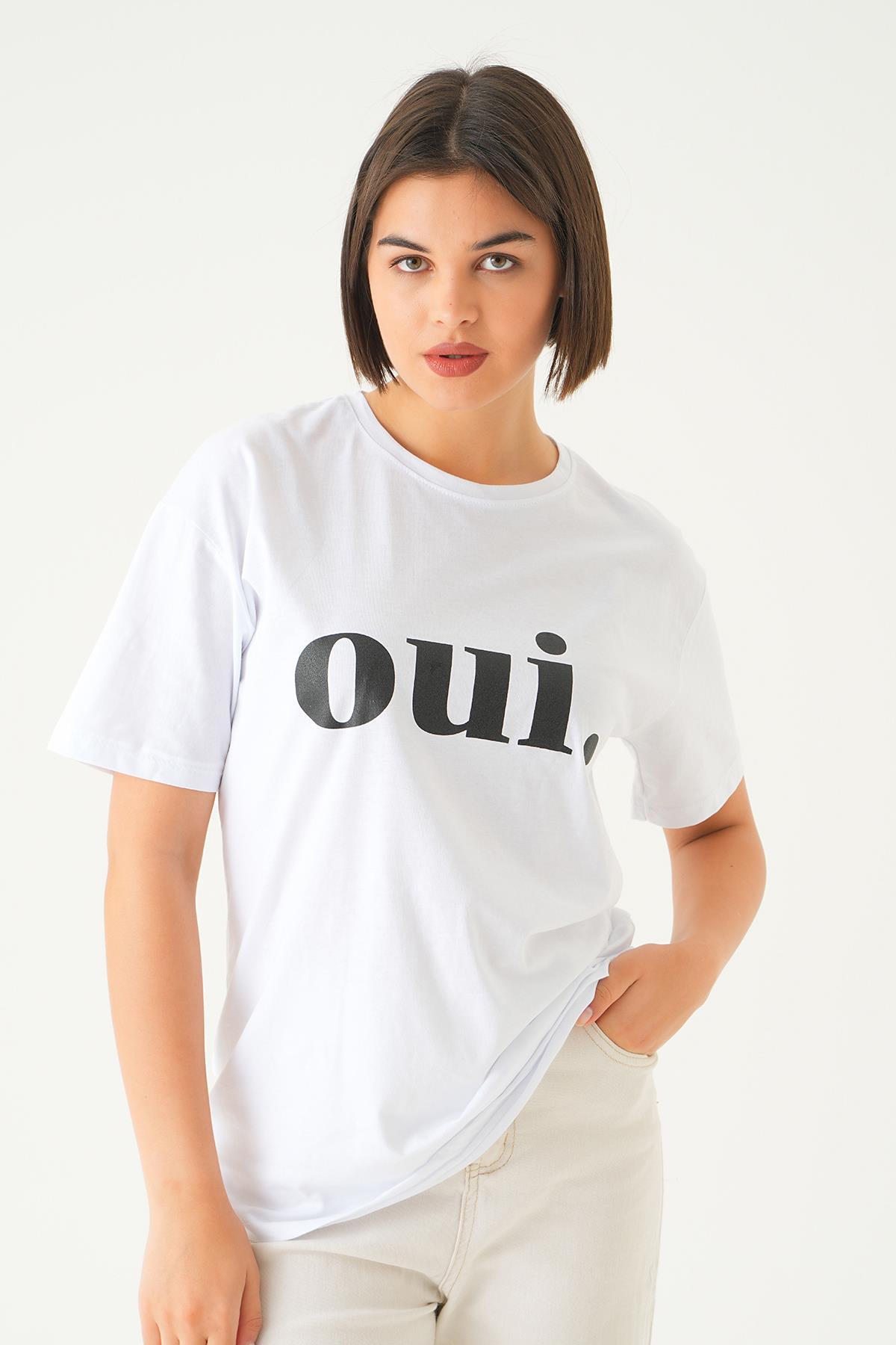 Beyaz Oui Baskı Oversize Tişört 1714 - 1