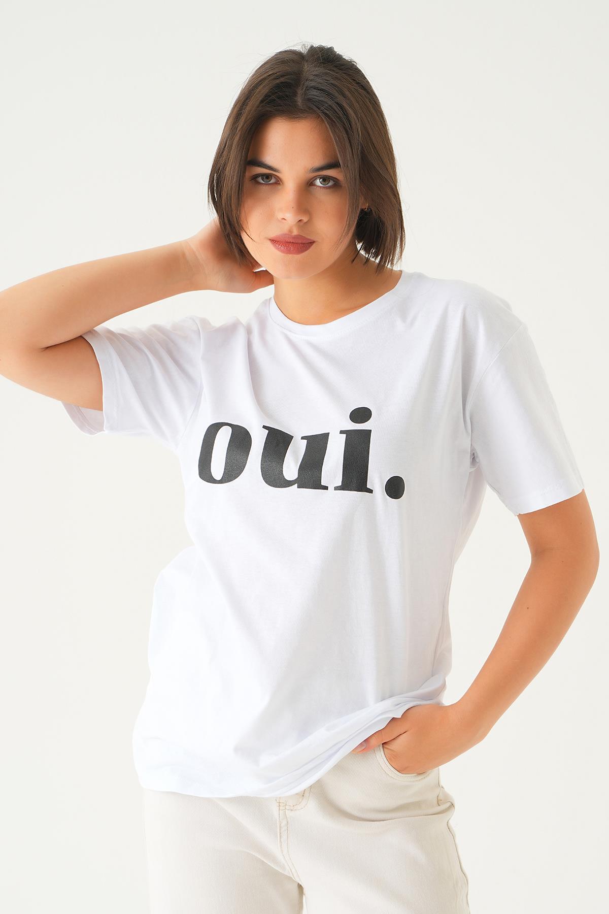 Beyaz Oui Baskı Oversize Tişört 1714 - 3
