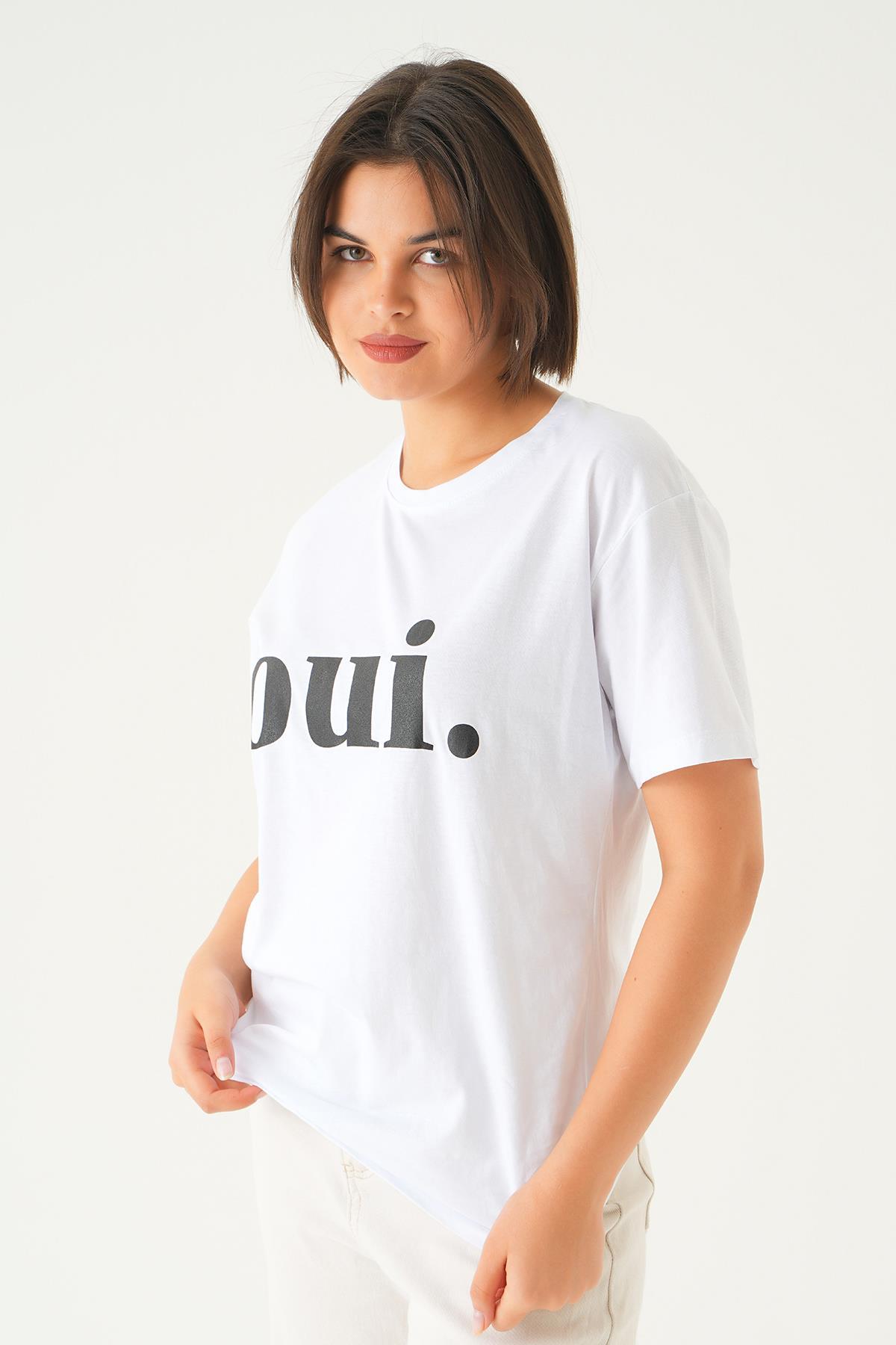 Beyaz Oui Baskı Oversize Tişört 1714 - 4