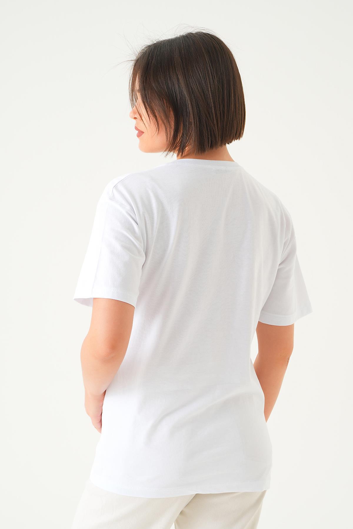 Beyaz Oui Baskı Oversize Tişört 1714 - 5