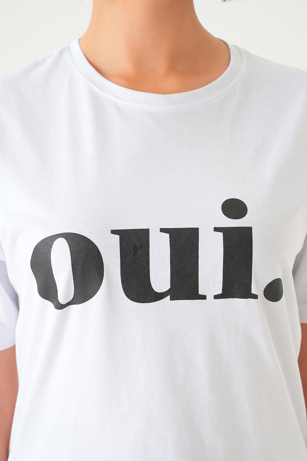 Beyaz Oui Baskı Oversize Tişört 1714 - 6
