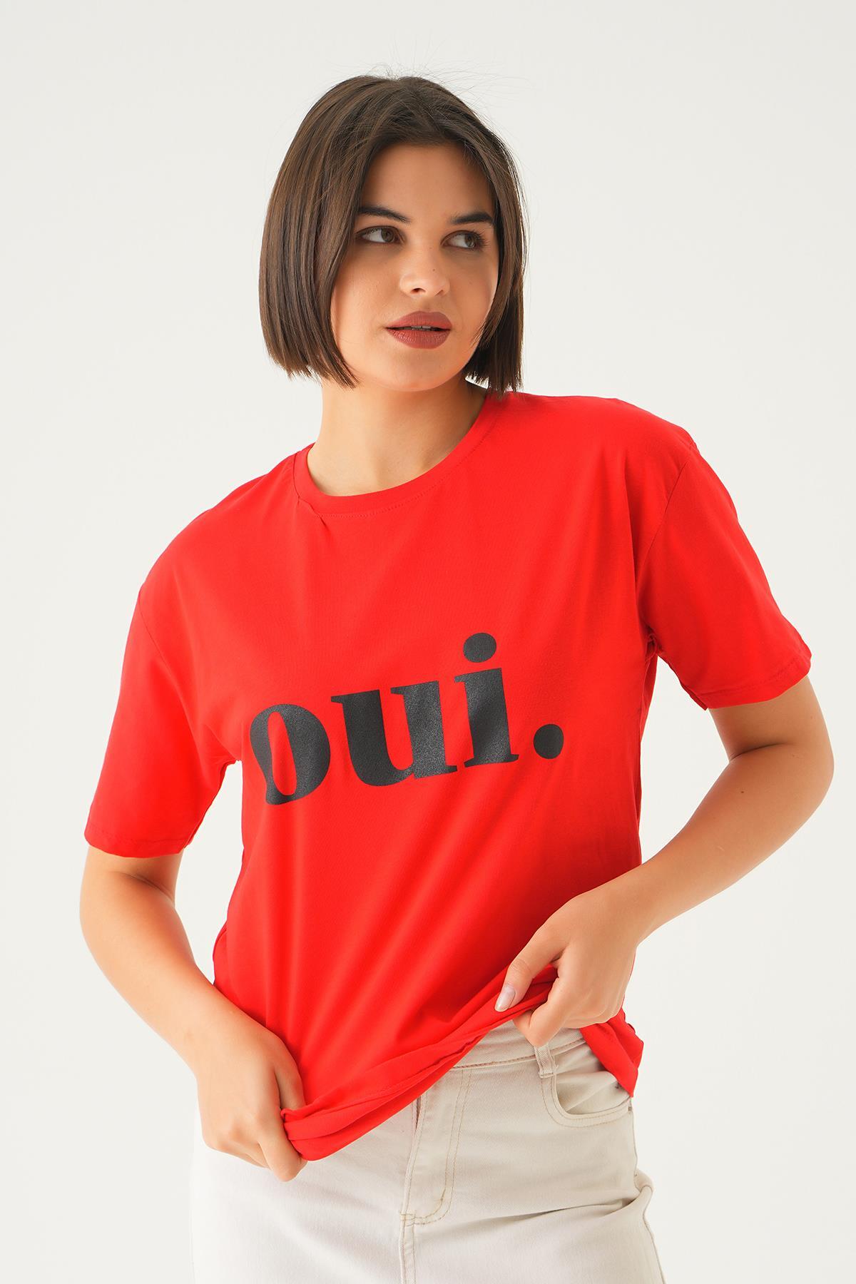 Kırmızı Oui Baskı Oversize Tişört 1714 - 2