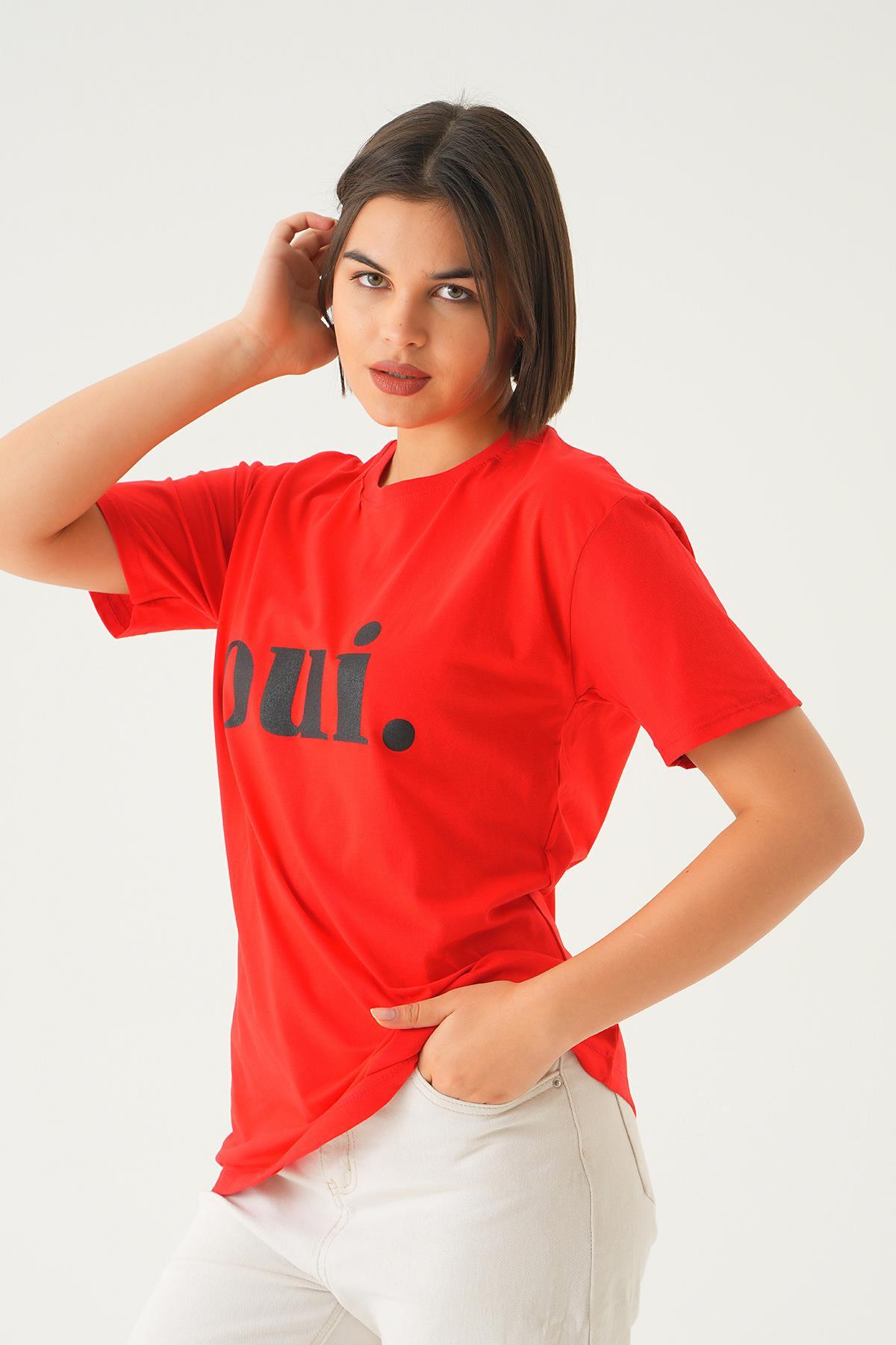 Kırmızı Oui Baskı Oversize Tişört 1714 - 3