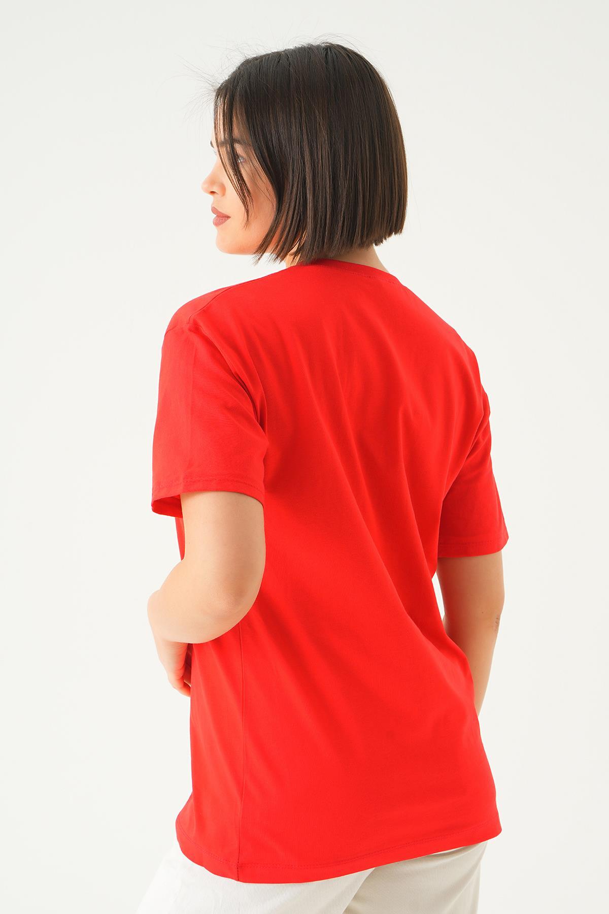 Kırmızı Oui Baskı Oversize Tişört 1714 - 4