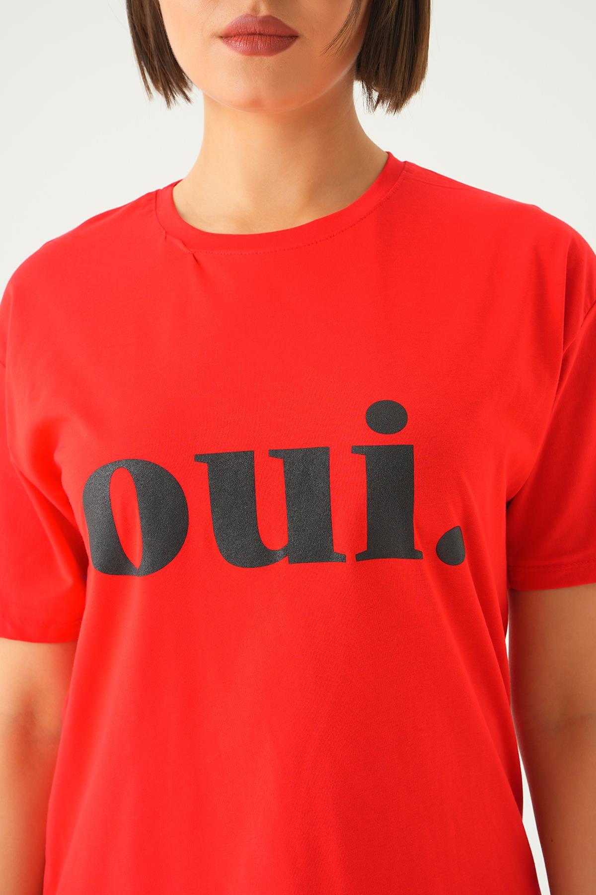 Kırmızı Oui Baskı Oversize Tişört 1714 - 5