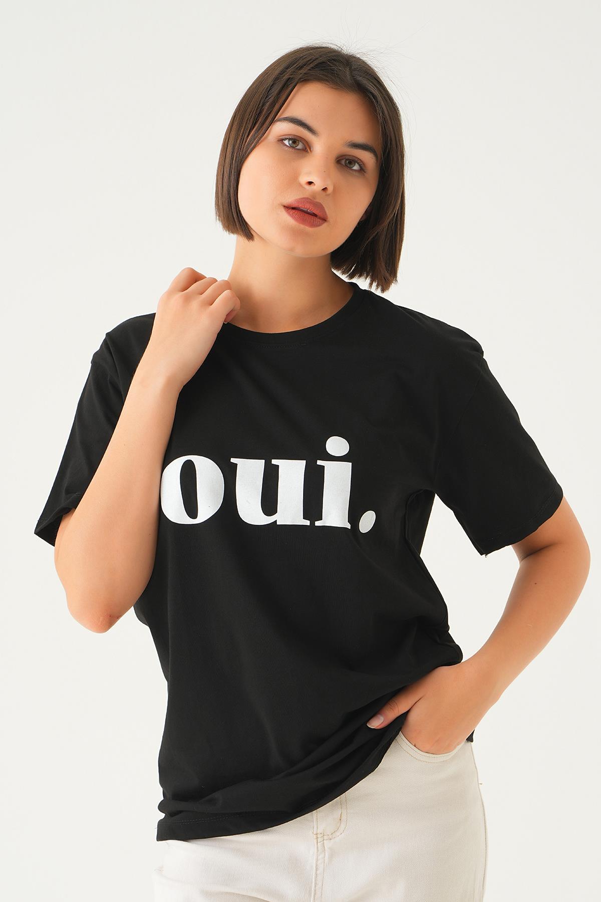 Siyah Oui Baskı Oversize Tişört 1714 - 2