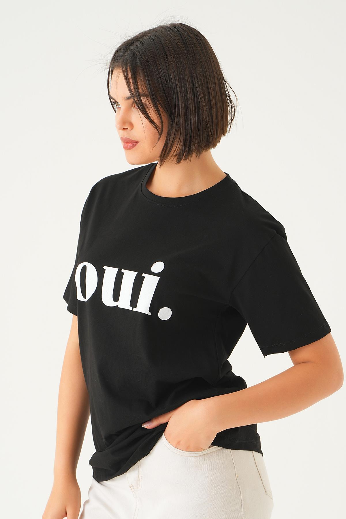 Siyah Oui Baskı Oversize Tişört 1714 - 3