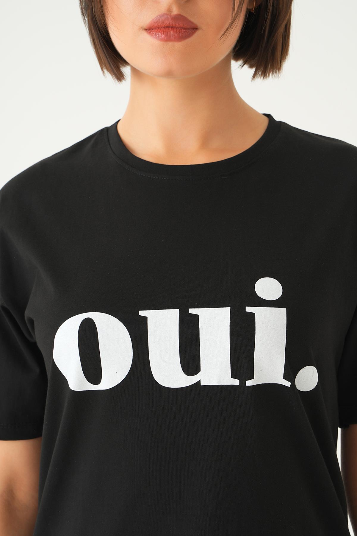 Siyah Oui Baskı Oversize Tişört 1714 - 5