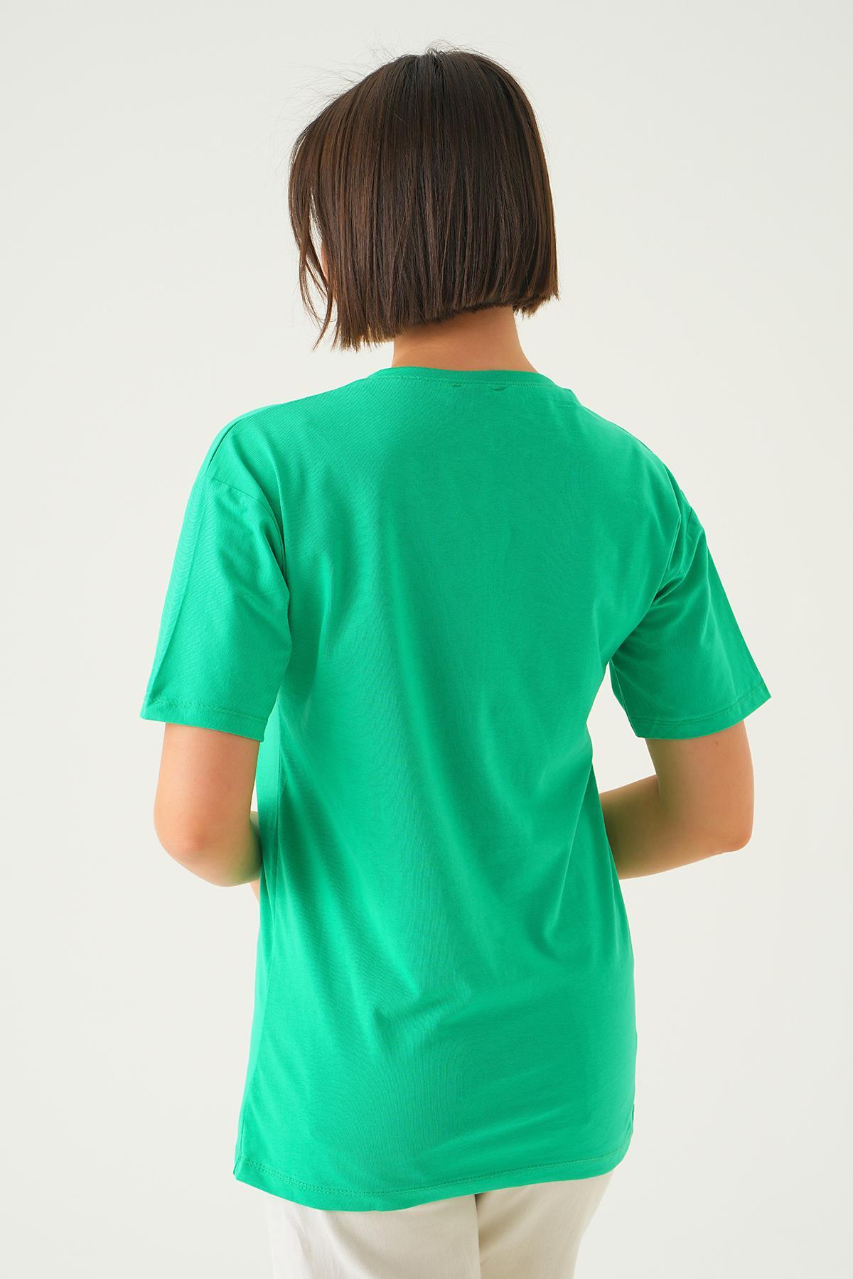 1715 Home Girl Baskı Oversize Tişört Benetton Yeşili - 5