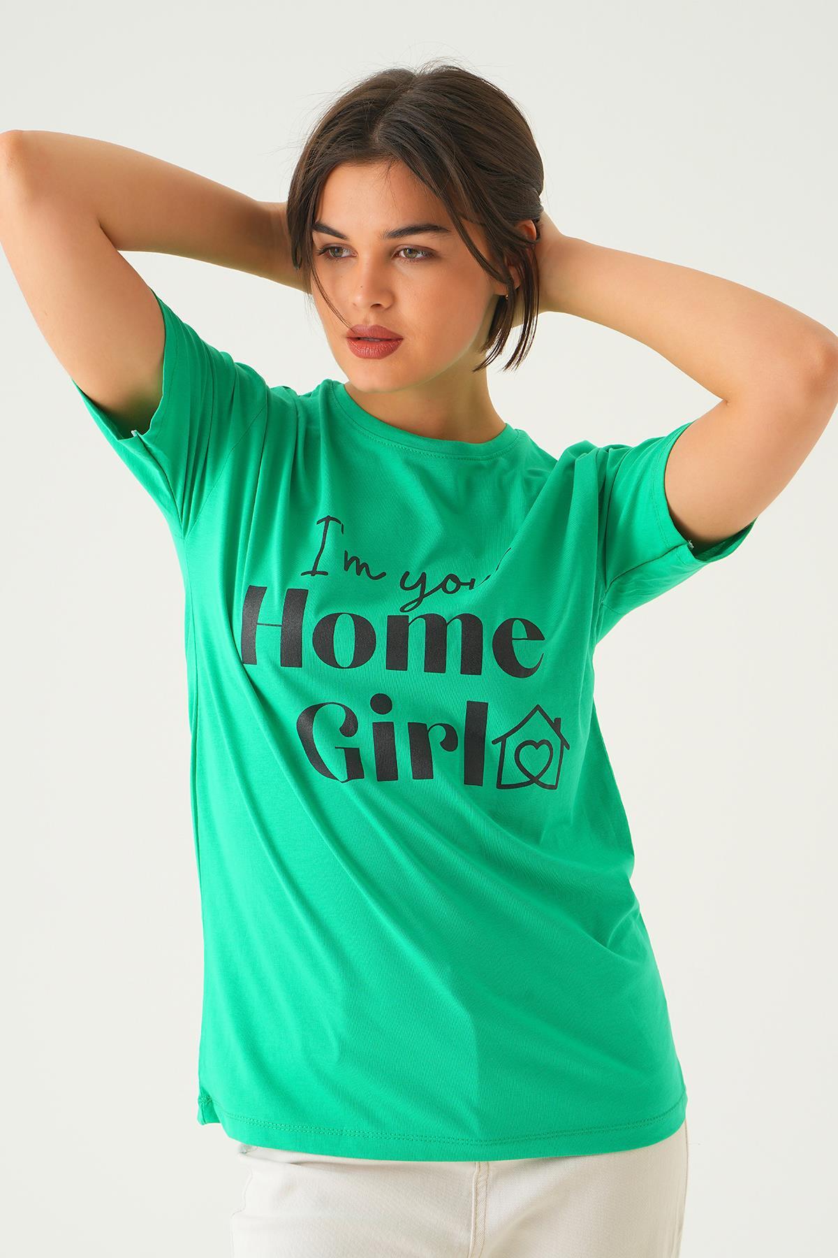 Benetton Yeşili Home Girl Baskı Oversize Tişört 1715 - 1